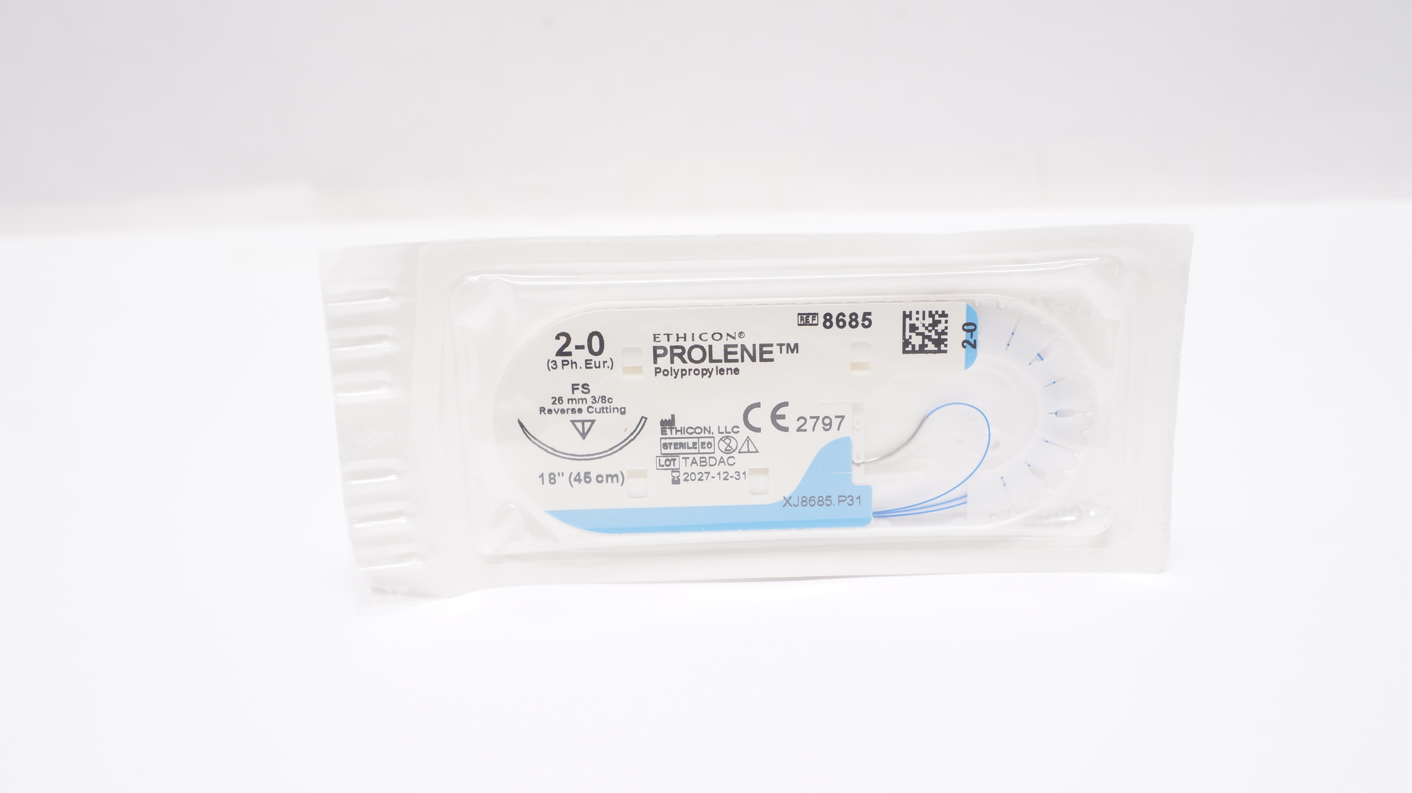 Ethicon 8685 2-0 Prolene Polypropylene Stre FS 26mm 3/8c Reverse Cutting, 18inch