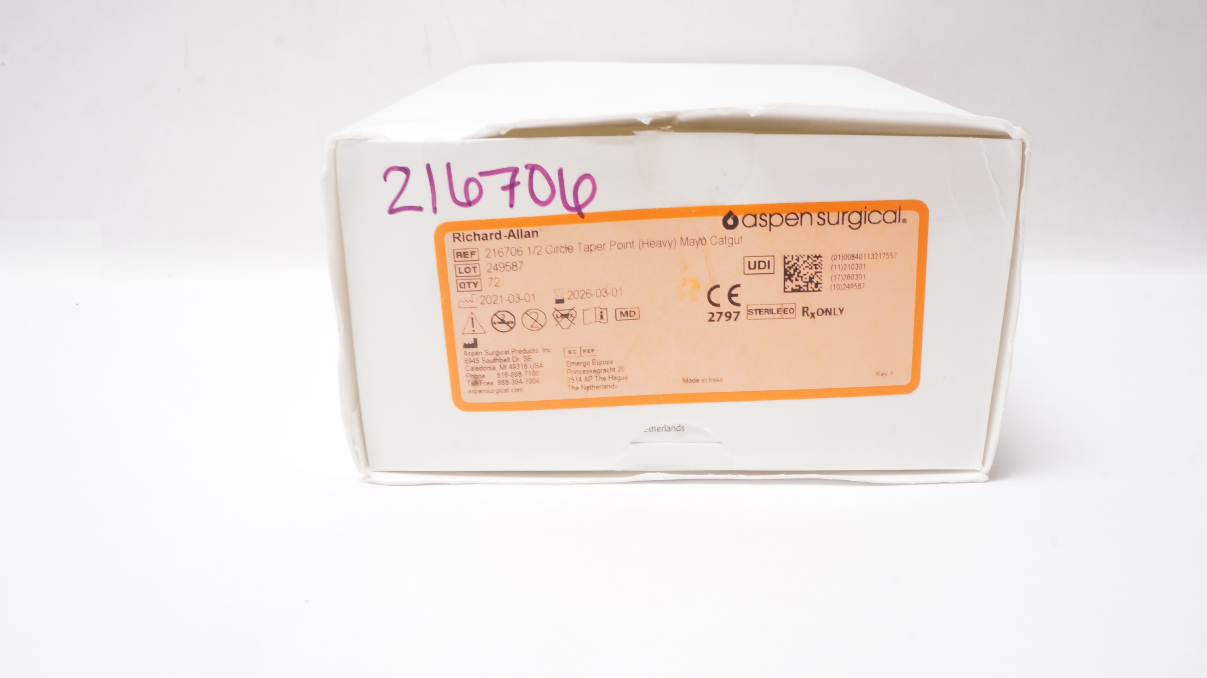 Aspen Surgical 216706 RichardAllan 1/2c Taper Point, Mayo Catgut Box