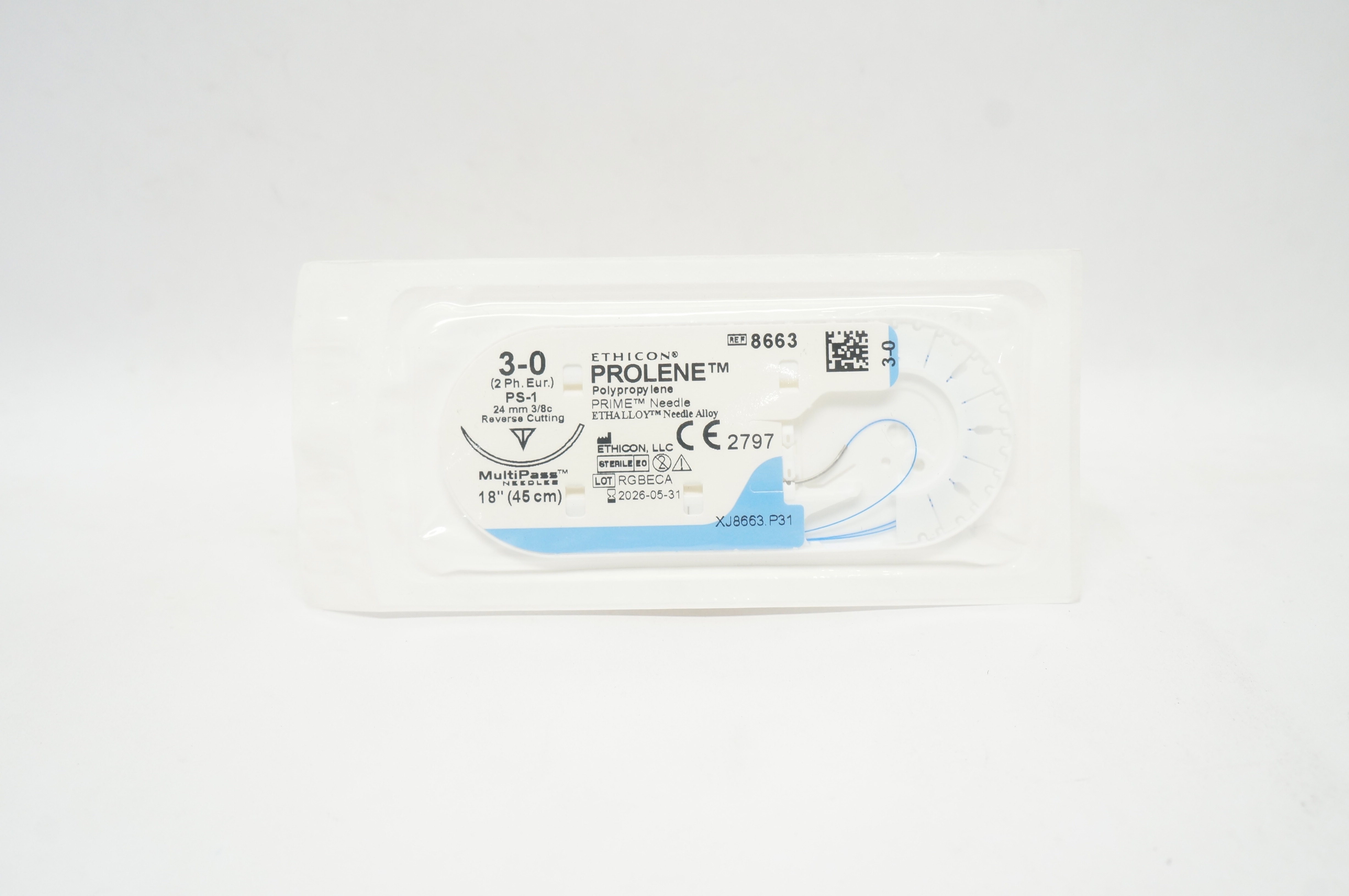 Ethicon 8663 3-0 Prolene Stre PS-1 24mm 3/8c Reverse Cutting, 18 inch