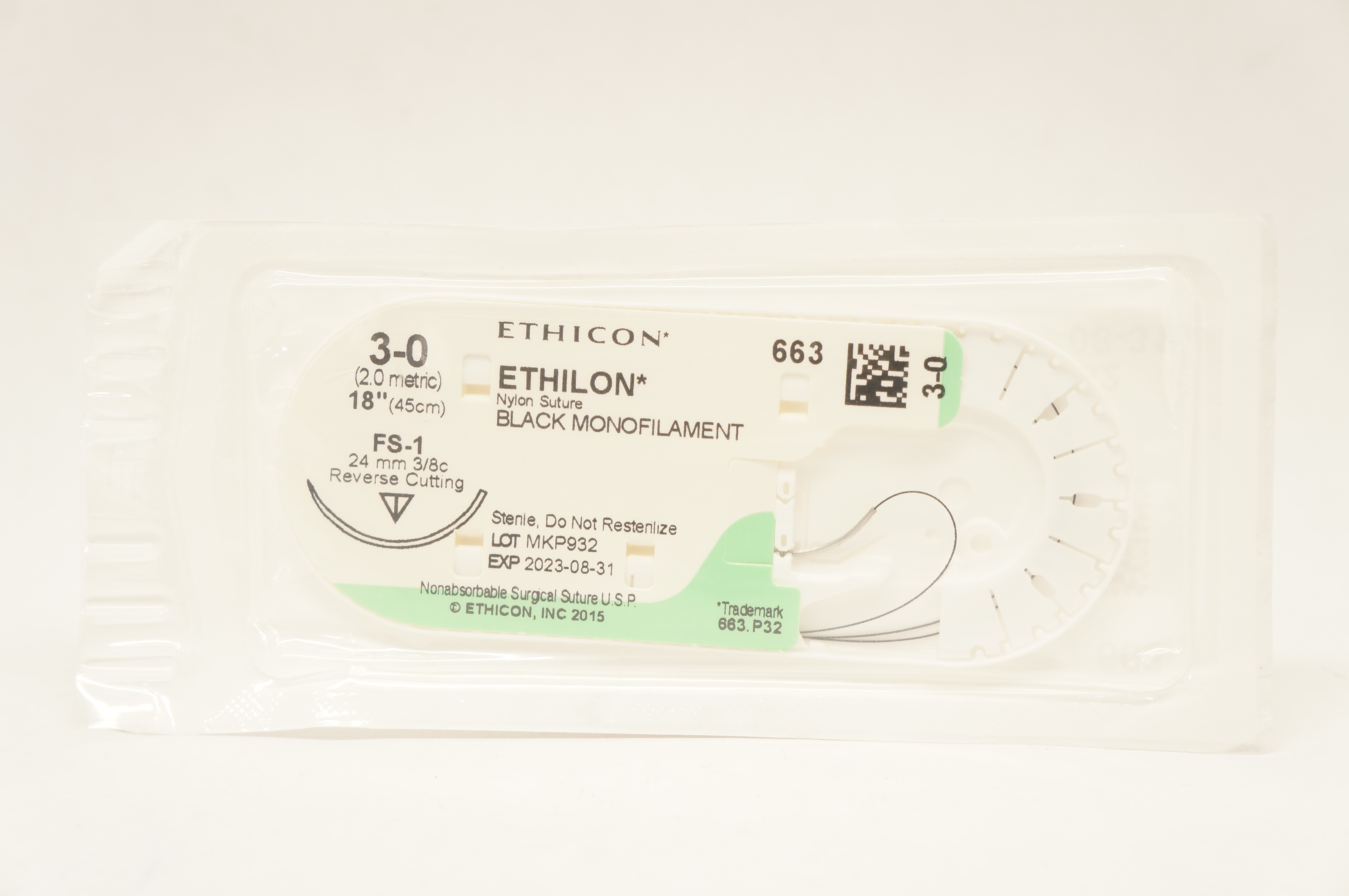 Ethicon 663 3-0 Ethilon Nylon Stre. FS-1, 24mm 3/8c Reverse Cutting, 18inch