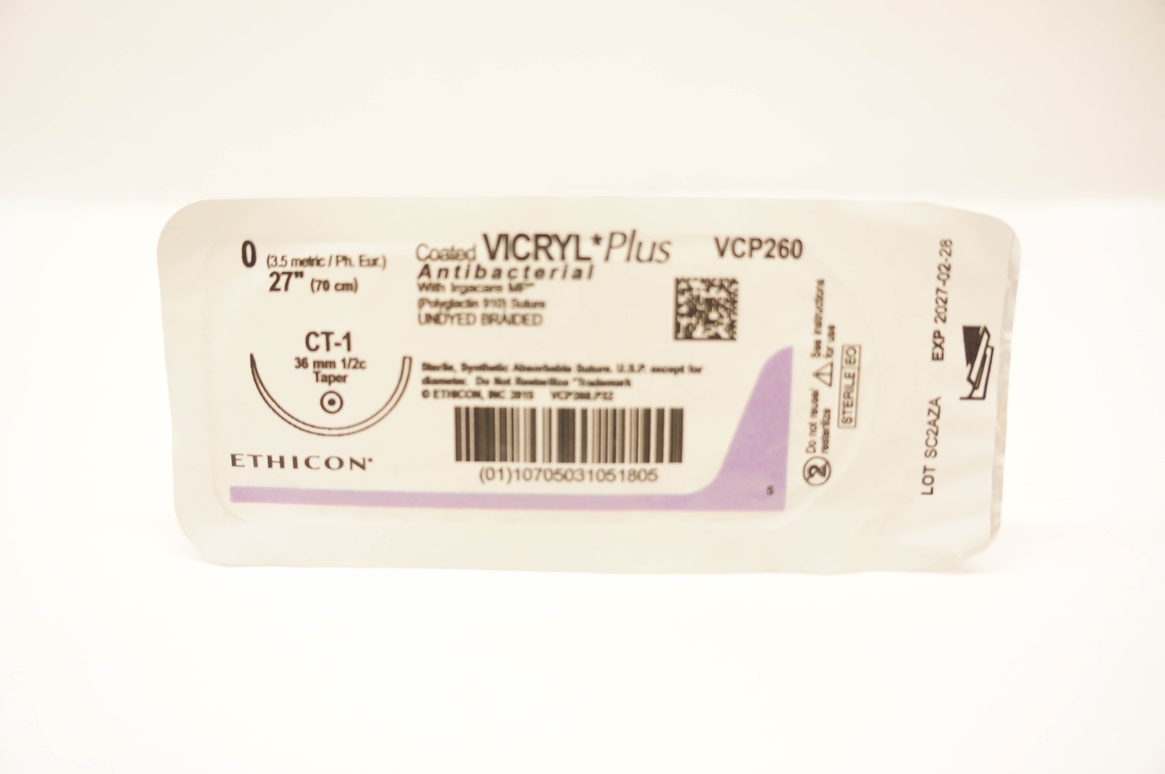 Ethicon VCP260 0 Coated VICRYL Plus, CT-1, 36mm 1/2c Taper, 27inch