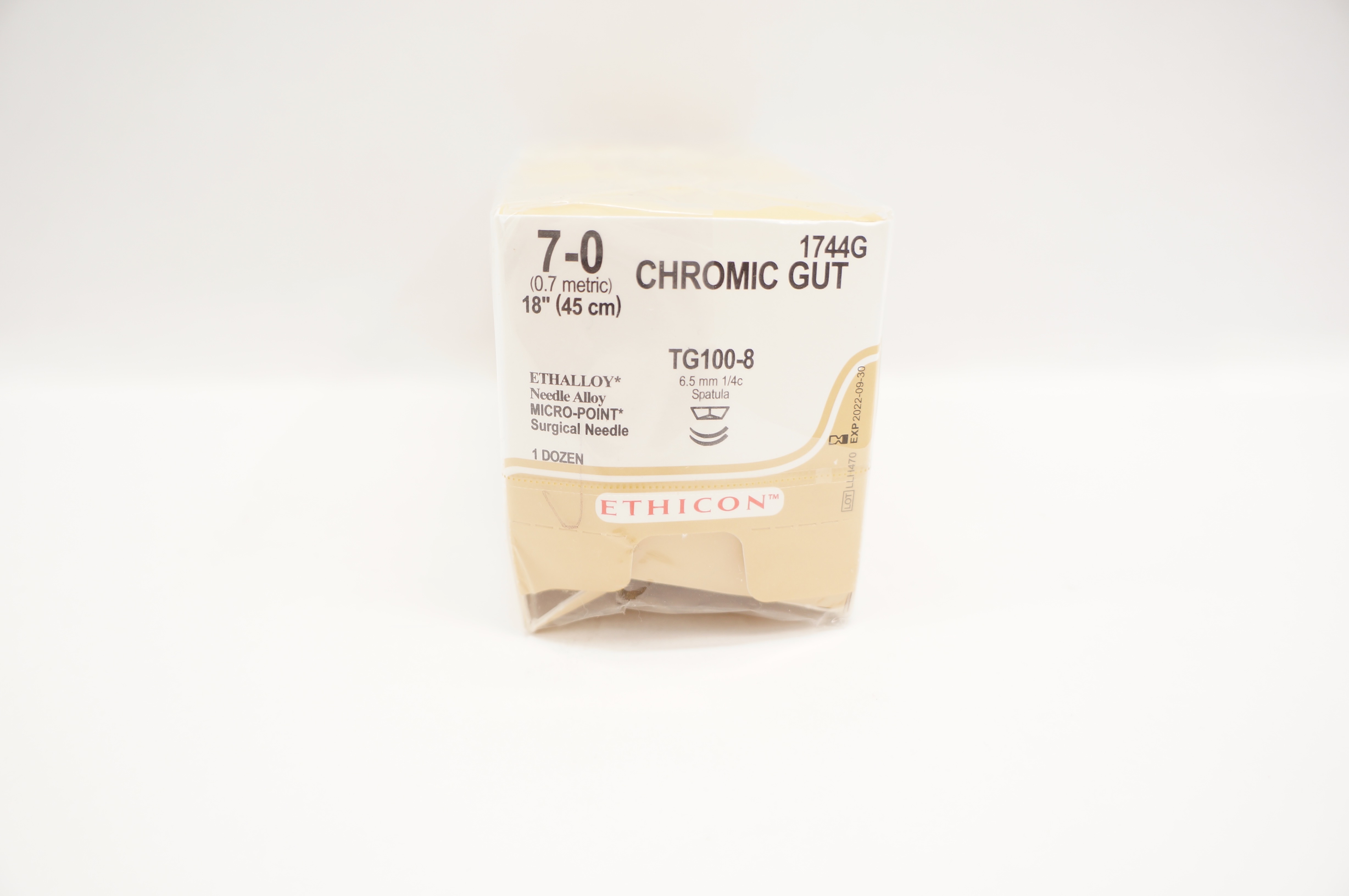 Ethicon 1744G 7-0 Chromic Gut TG100-8 6.5mm 1/4c Spatula 18inch (x) - Box of 12