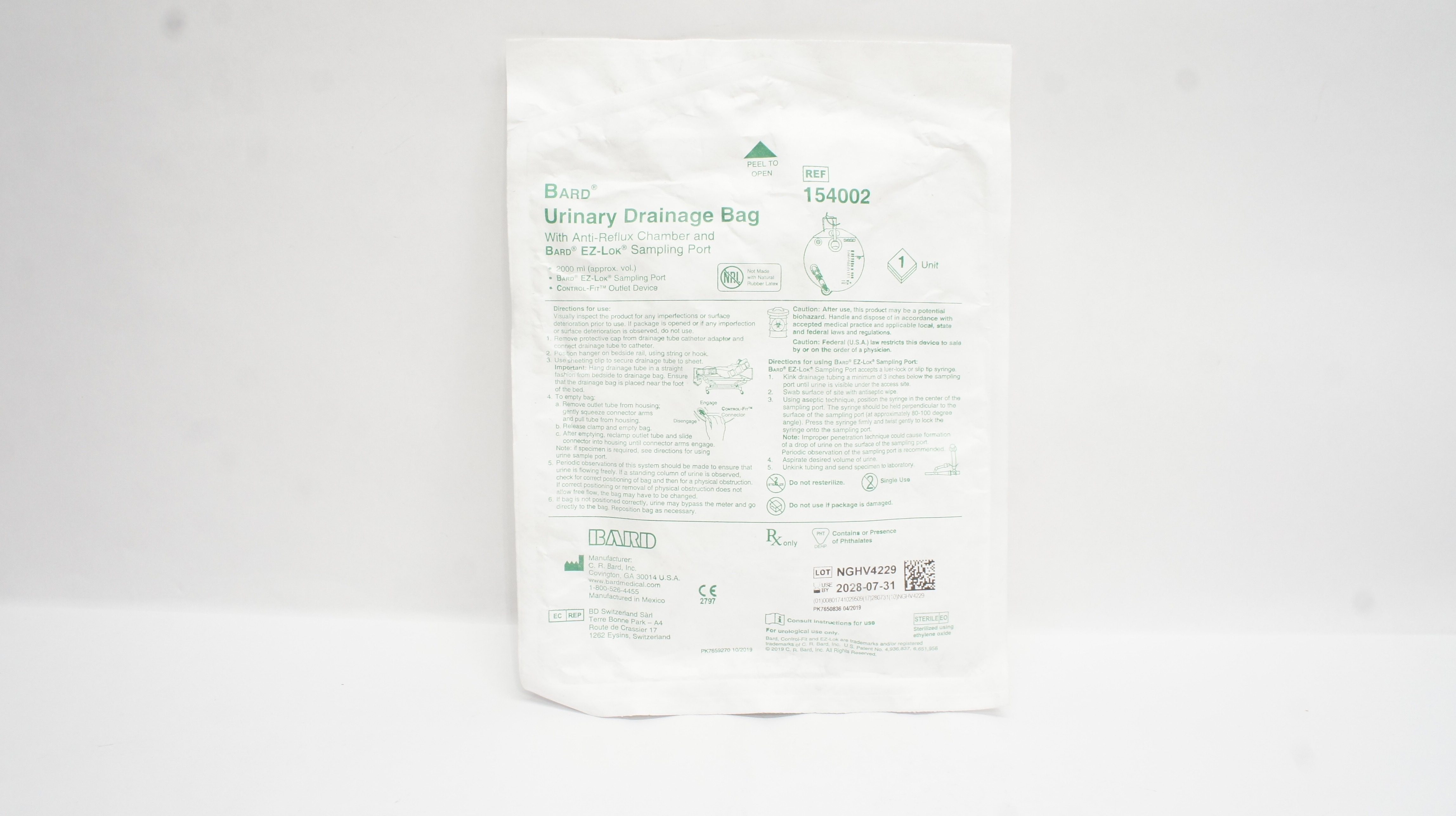 Bard 154002 Urinary Drainage Bag with Anti-Reflux Chamber & Sampling Port 2000mL