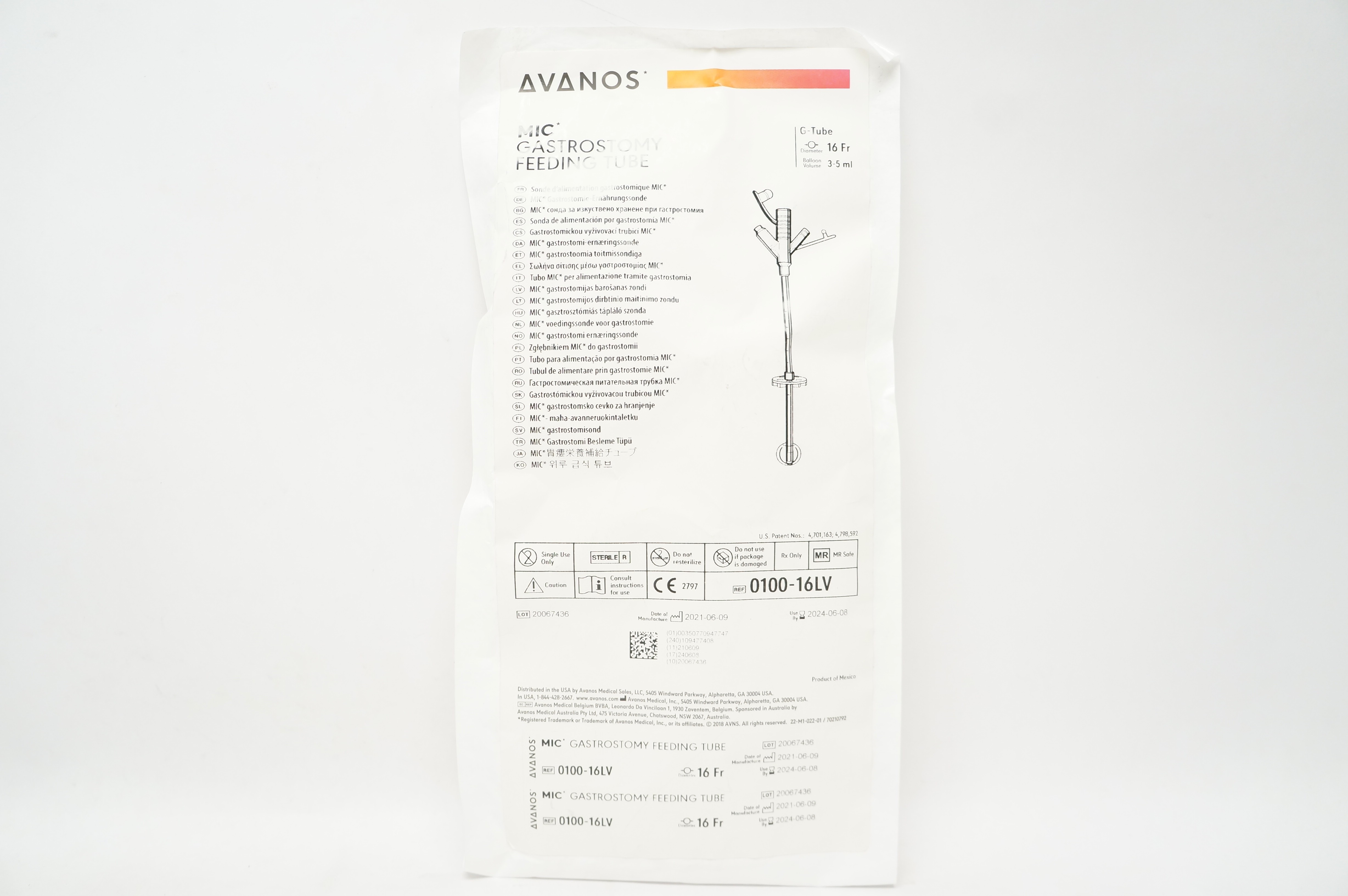Avanos 0100-16LV MIC Gastrostomy Feeding G-Tube 16Fr x 3-5ml