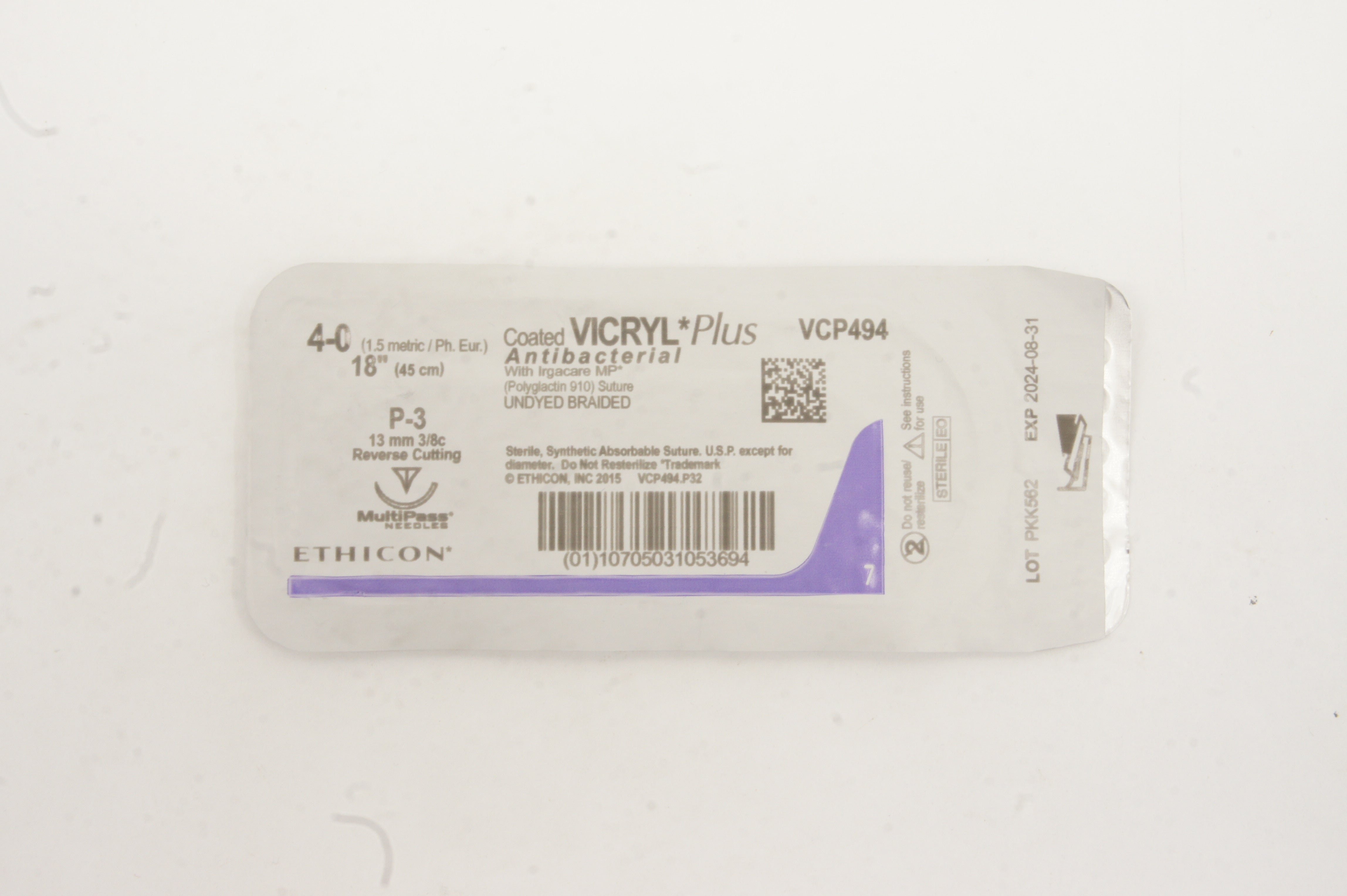 Ethicon VCP 494 4-0 Vicryl Plus P-3 13mm 3/8c Reverse Cutt, 18in