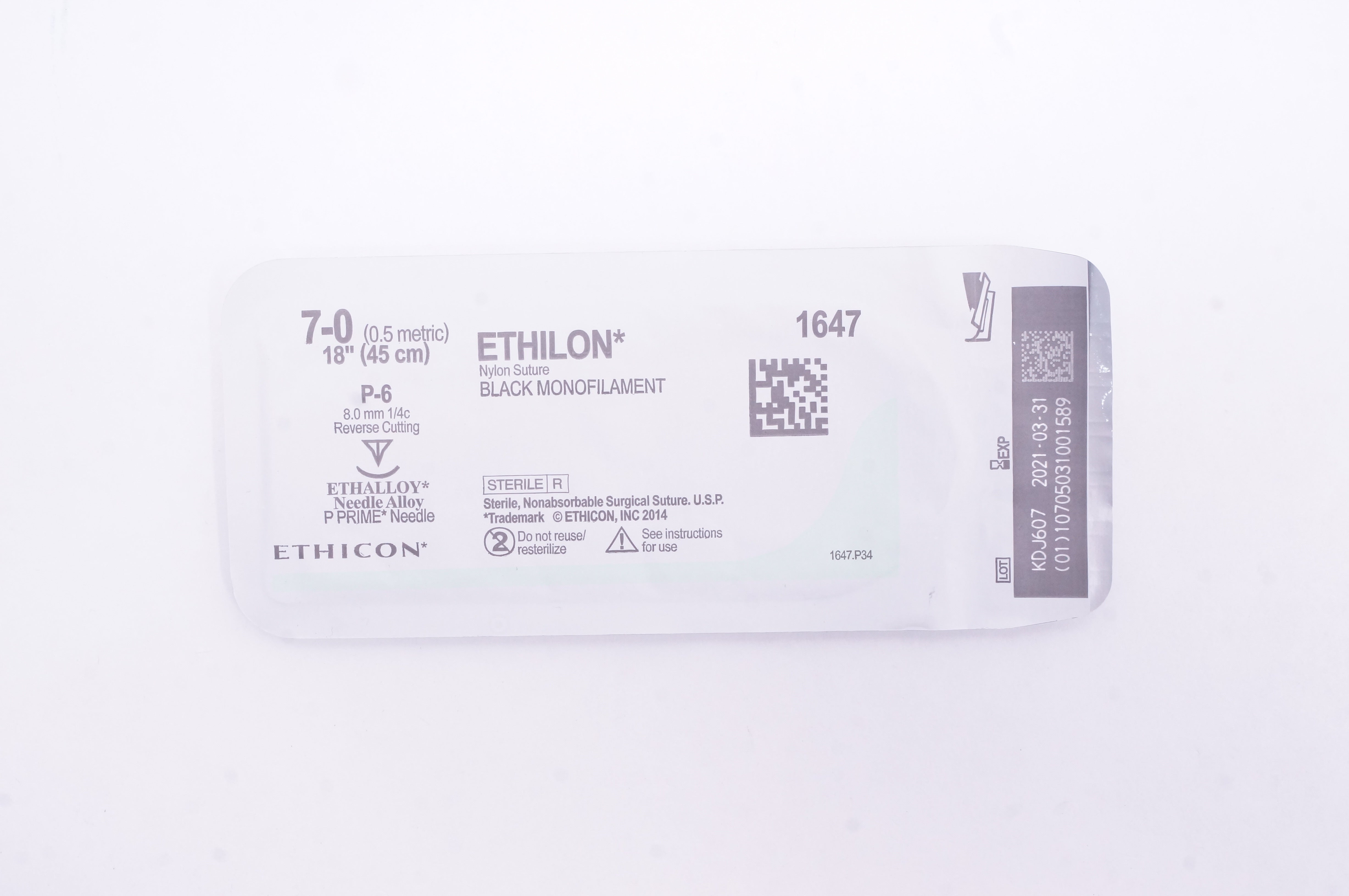 Ethicon 1647 7-0 Ethilon Stre P-6 8.0mm 1/4c Reverse Cutting 18inch (x)