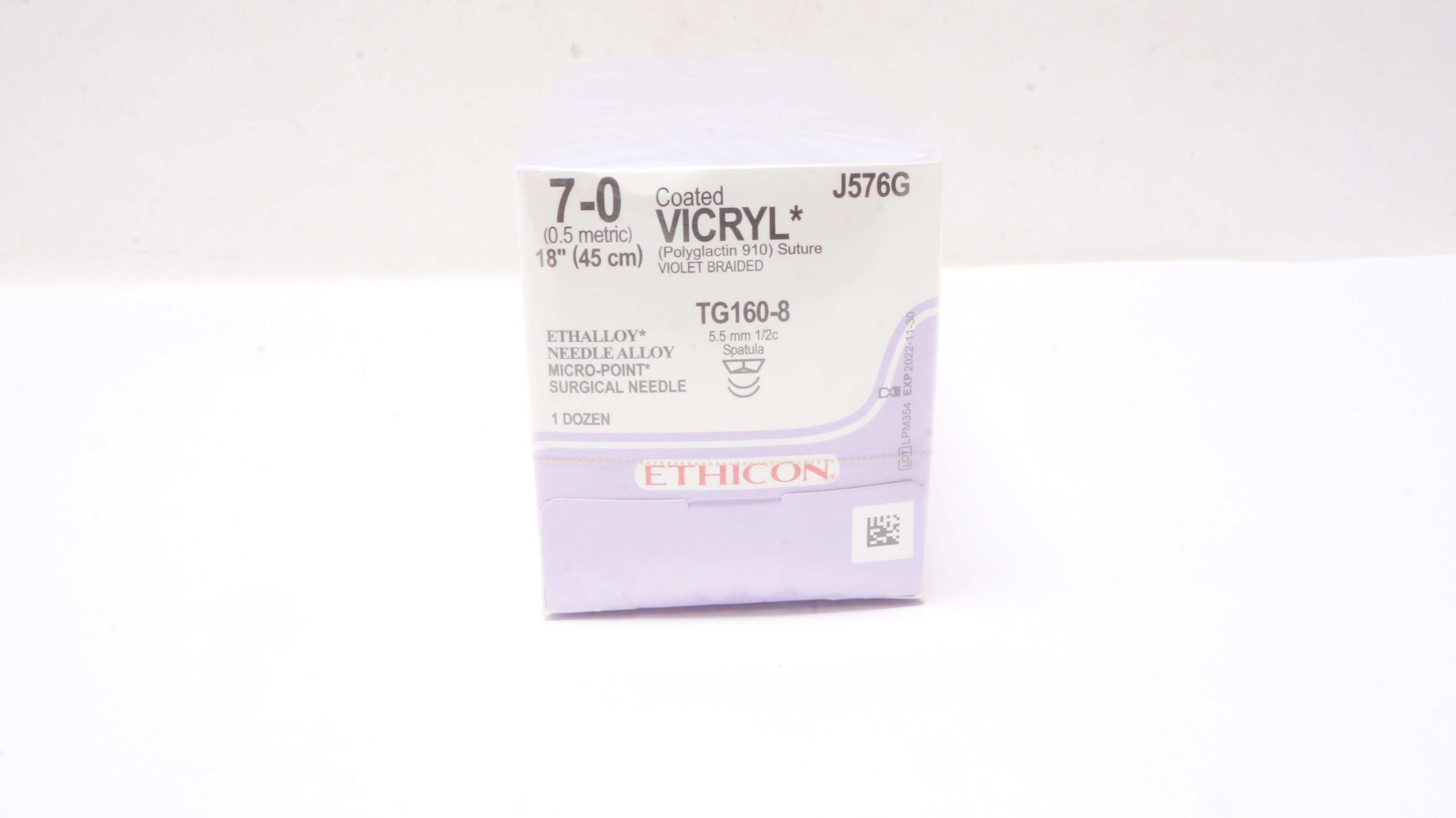 Ethicon J576G 7-0 Coated Vicryl Stre TG160-8 5.5mm 1/2c Spatula (x) - Box of 12