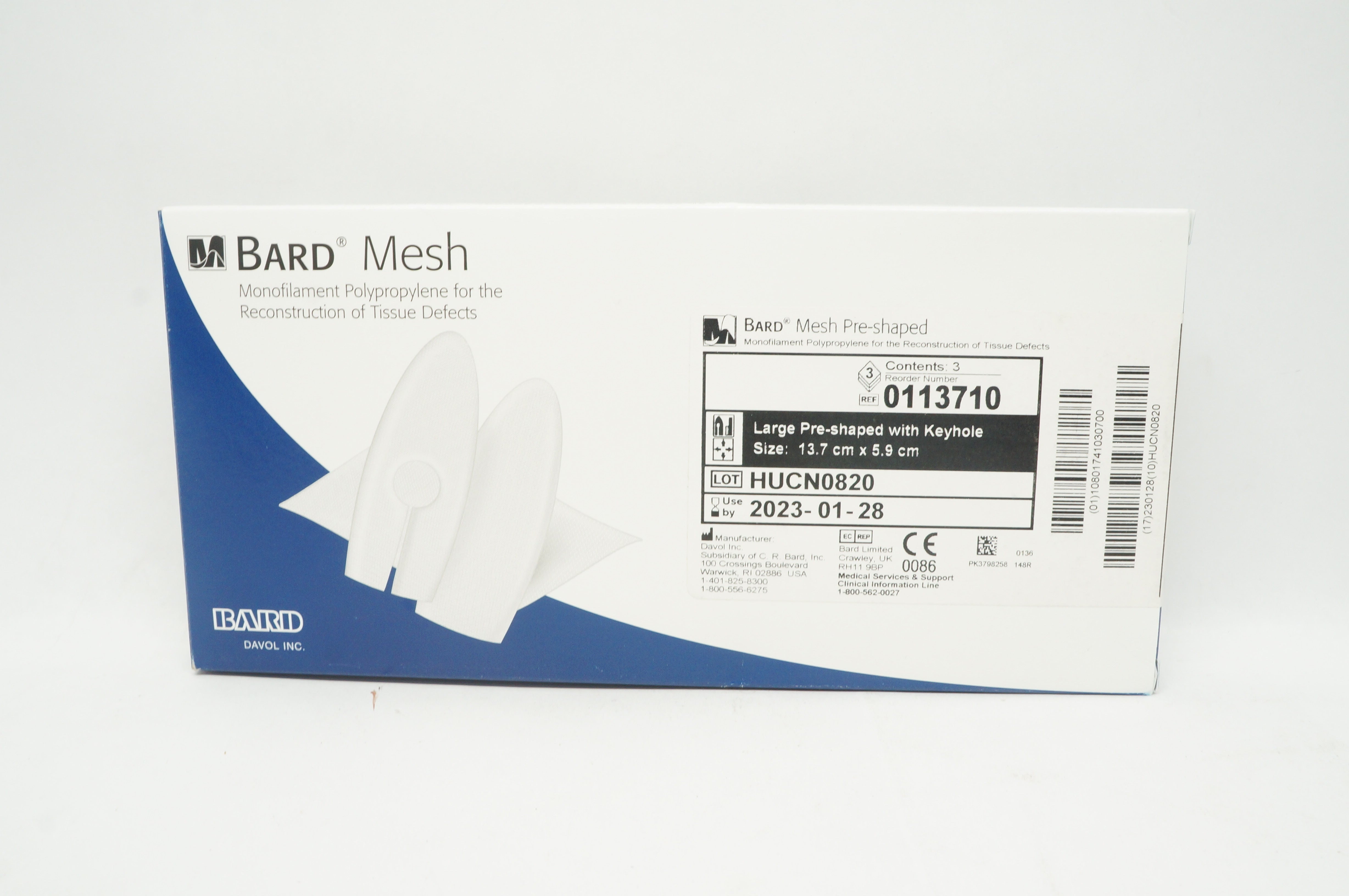 Davol 0113710 Bard Mesh Large PreShaped W/ Keyhole 13.7cm x 5.9cm