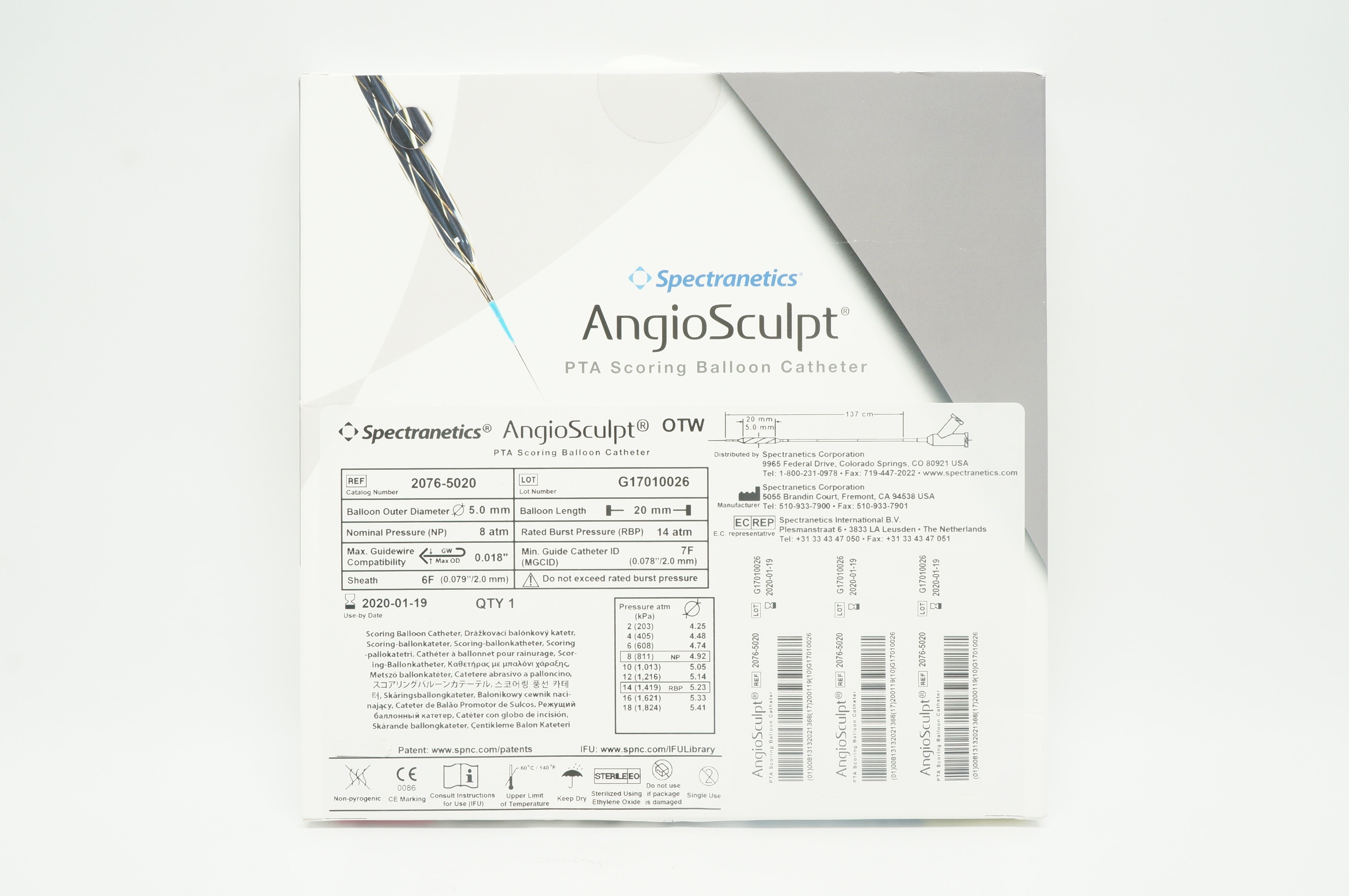 Spectranetics 2076-5020 AngioSculpt PTA Scoring Balloon Cath. 5.0mm x 20mm (x)