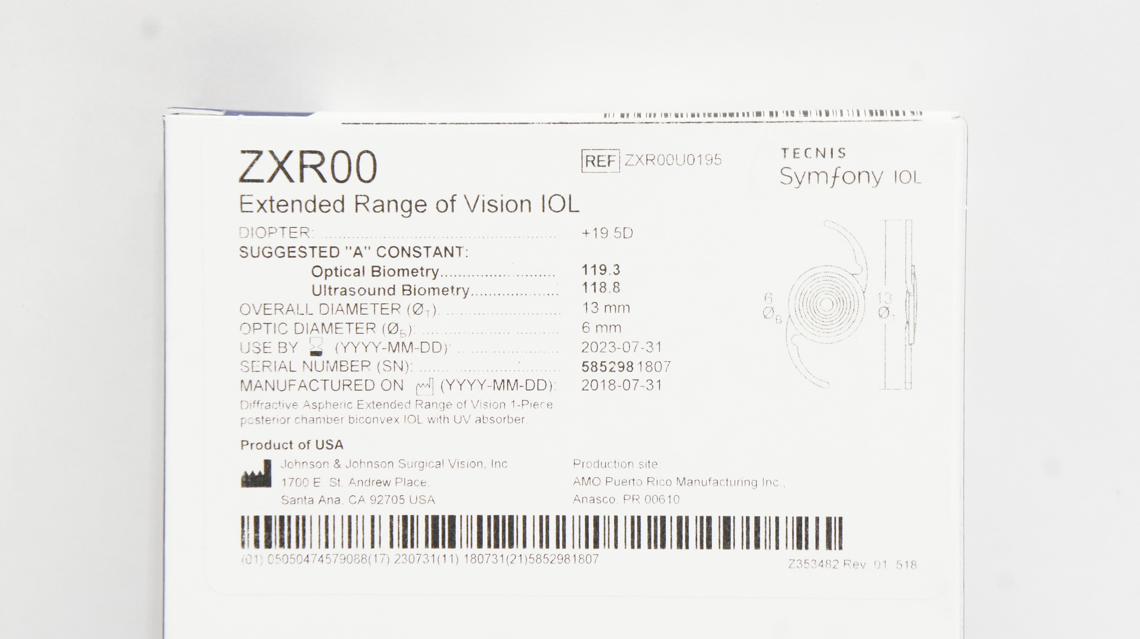 Johnson&Johnson ZXR00U0195 Tecnis ZXR00 + 19.5D Extended Range of
