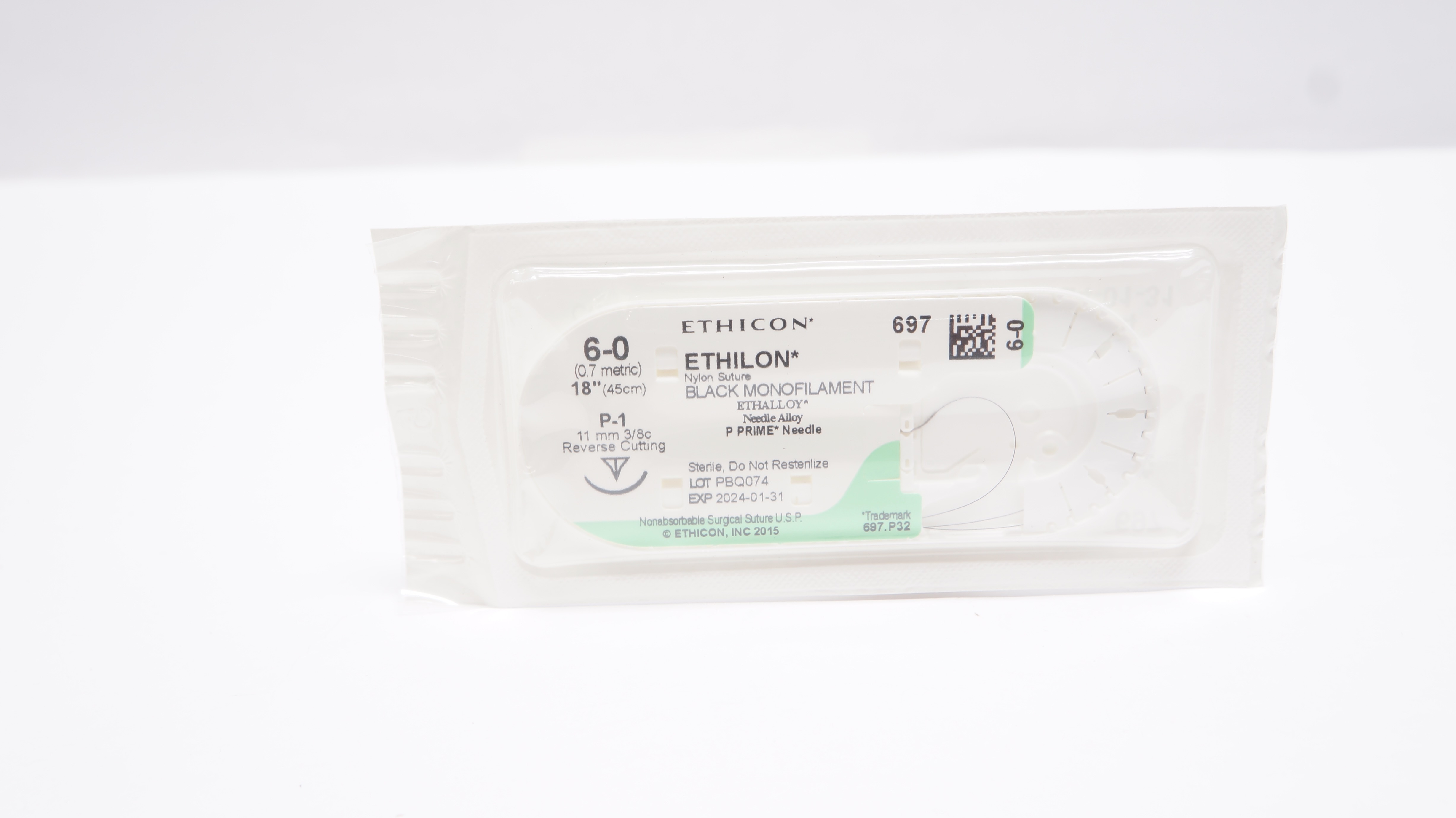 Ethicon 697 6-0 Ethilon Nylon Stre P-1 11mm 3/8c Reverse Cutting 18inch