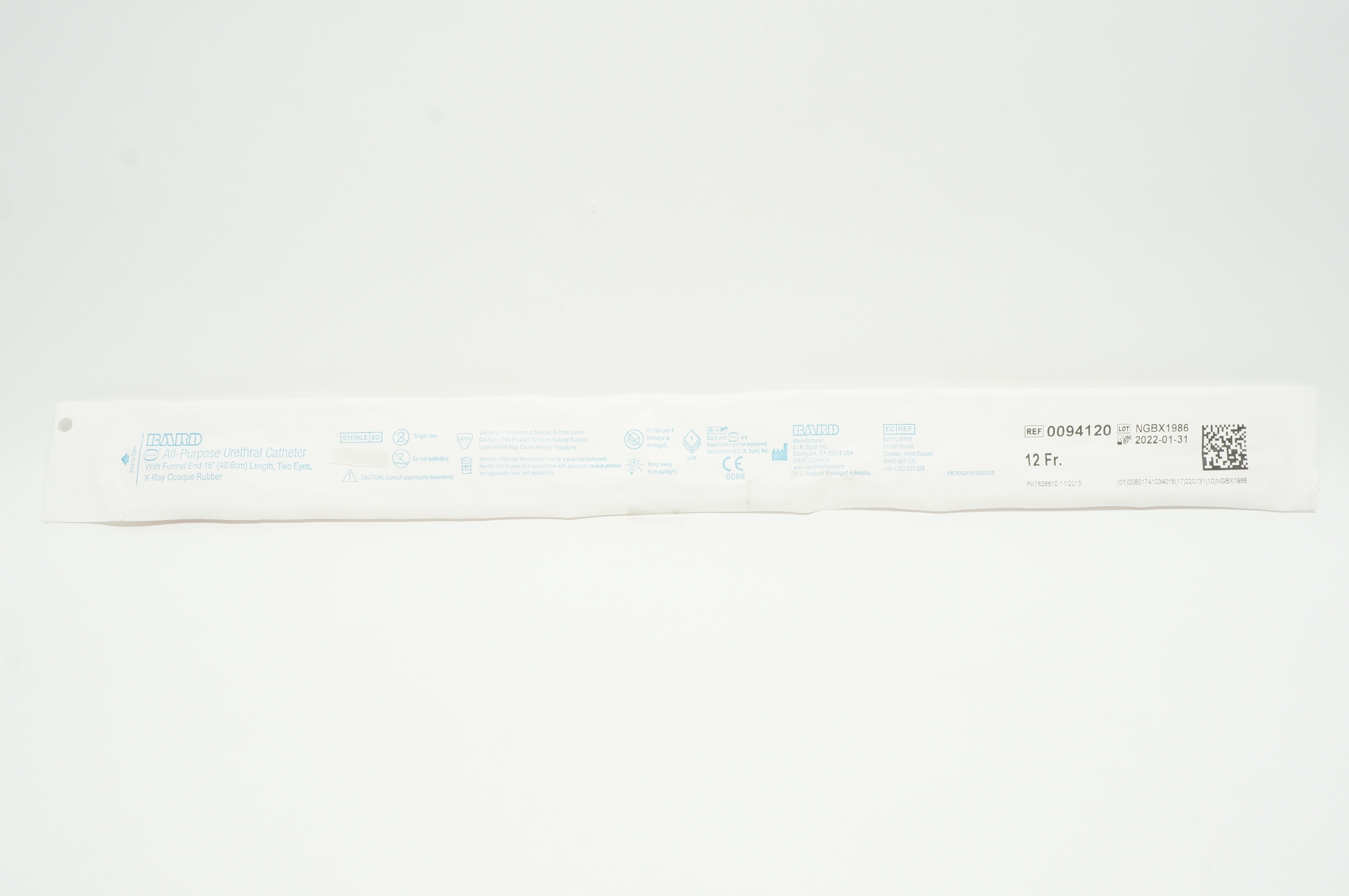 Bard 0094120 Davol All-Purpose Urethral Cath. 12Fr x 16 inch
