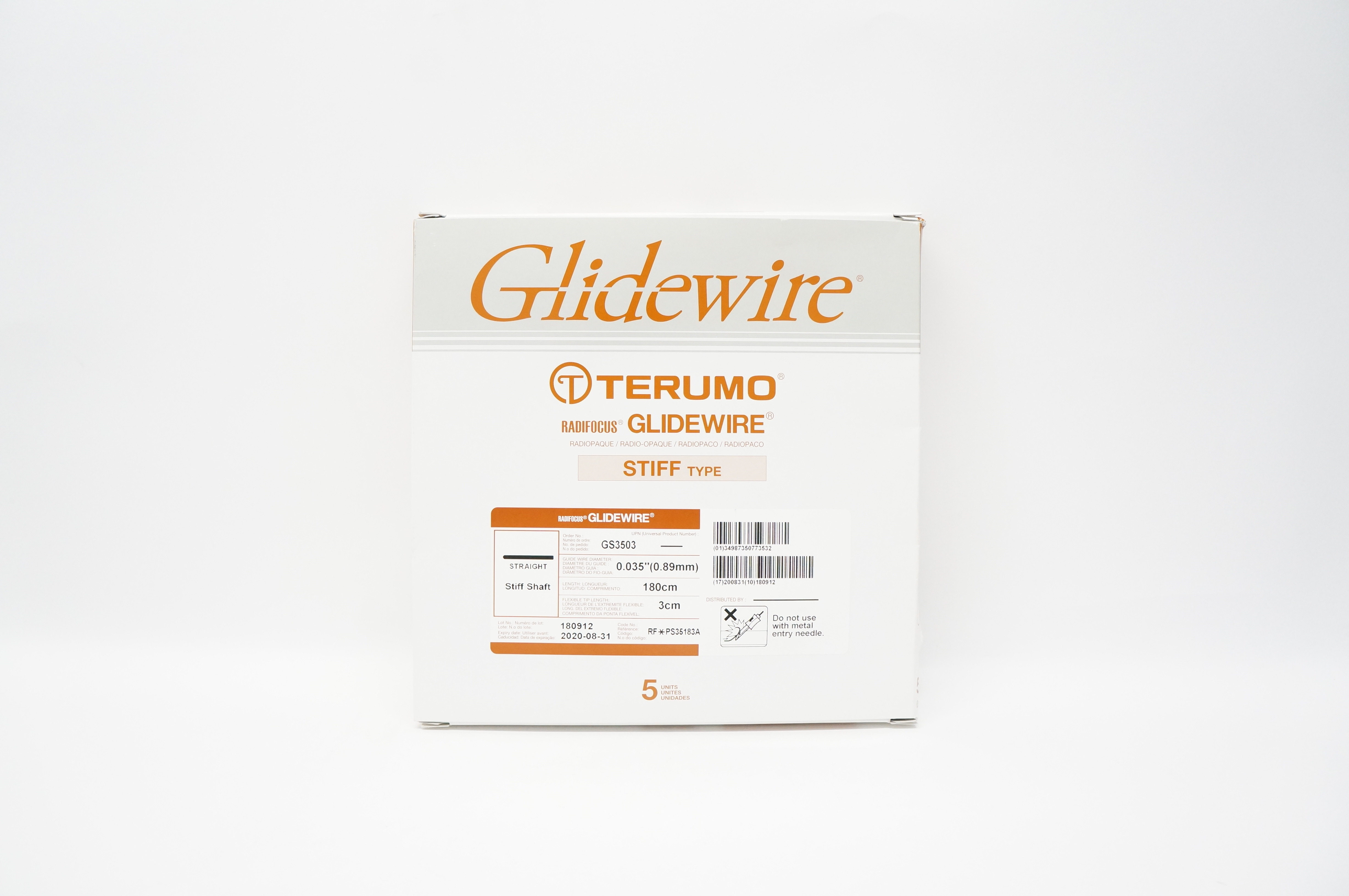 Terumo GS3503 Radiofocus Glidewire Straight Stiff Shaft 0.035in x 180cm x 3cm(x)