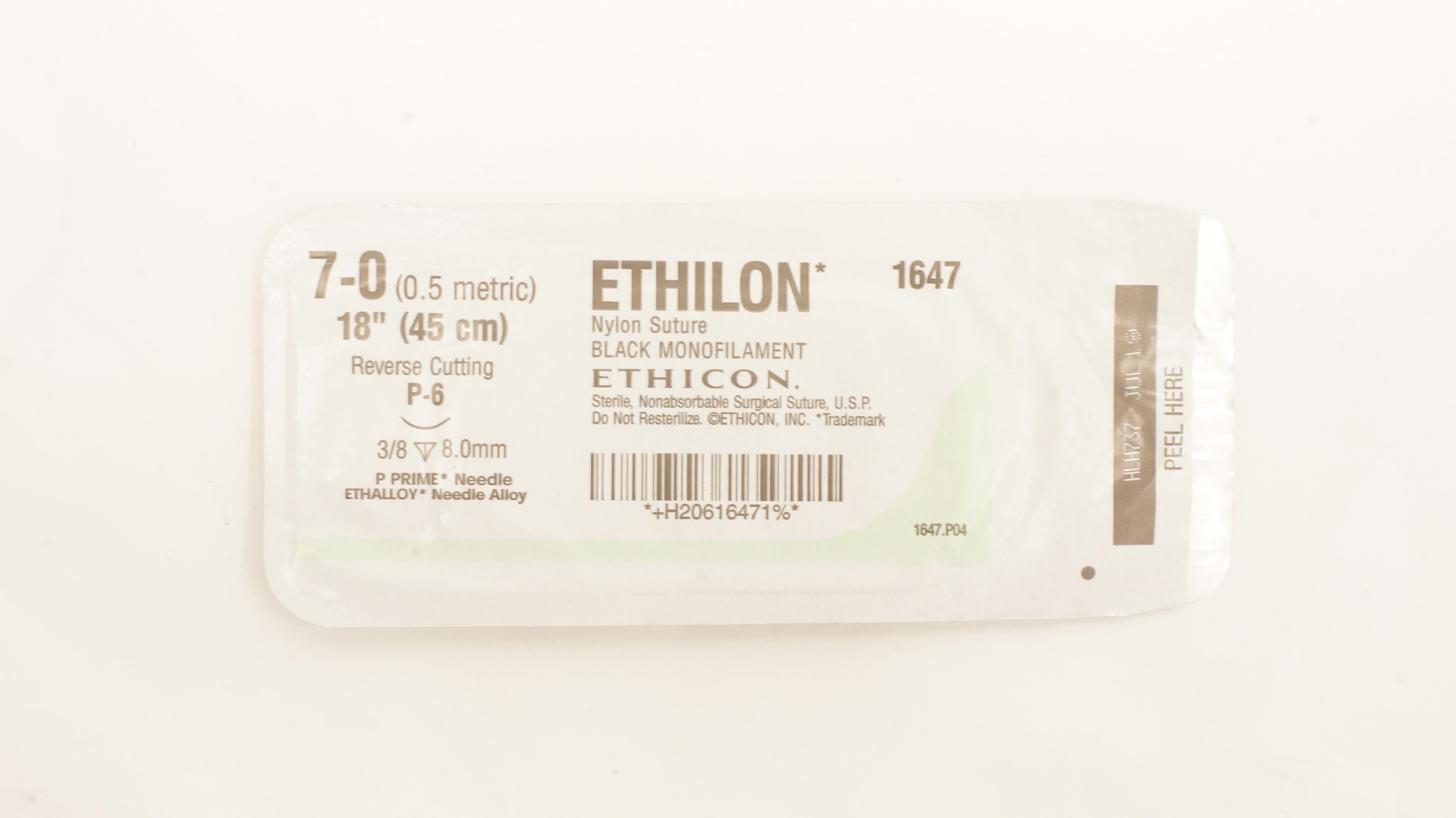 Ethicon 1647 7-0 ETHILON Nylon Stre P-6 8.0mm 3/8c Reverse Cutting 18 inch (x)