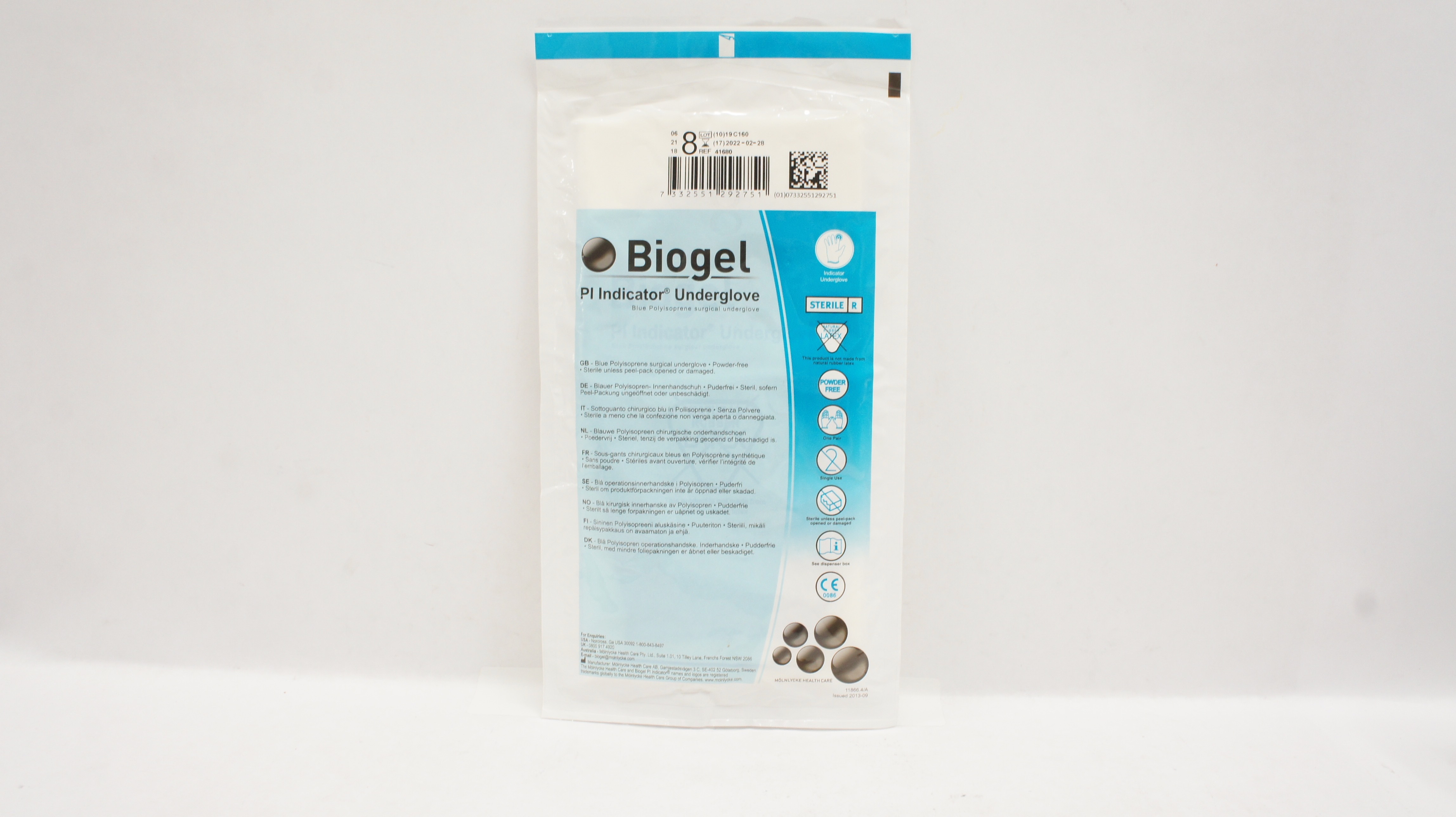 Molnlycke Health Care 41680 Biogel Pl Indicator Underglove, Size 8 (x)
