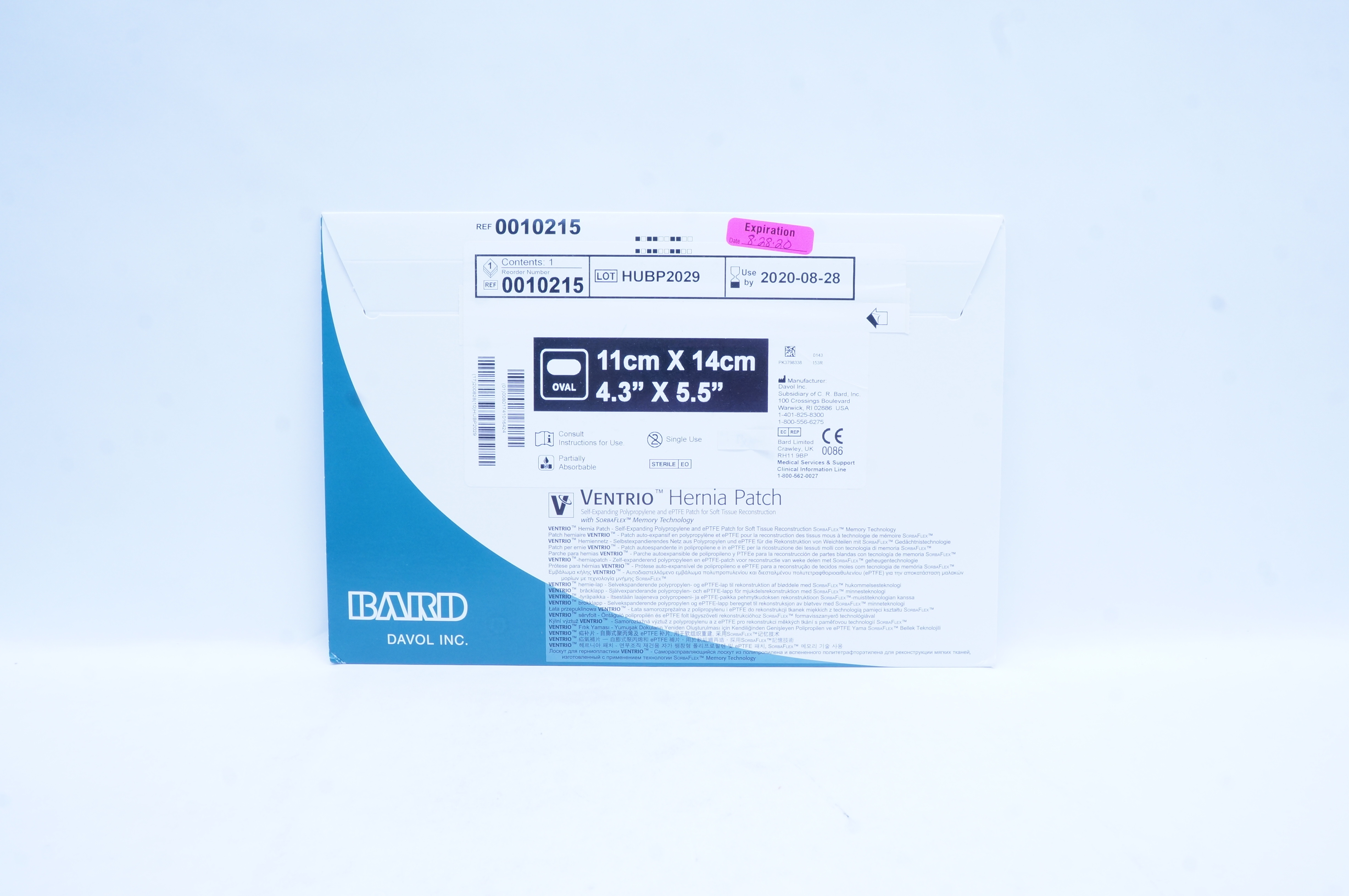 Bard 0010215 Mesh Ventrio Hernia Patch Medium Oval with ePTFE 4.3in x 5