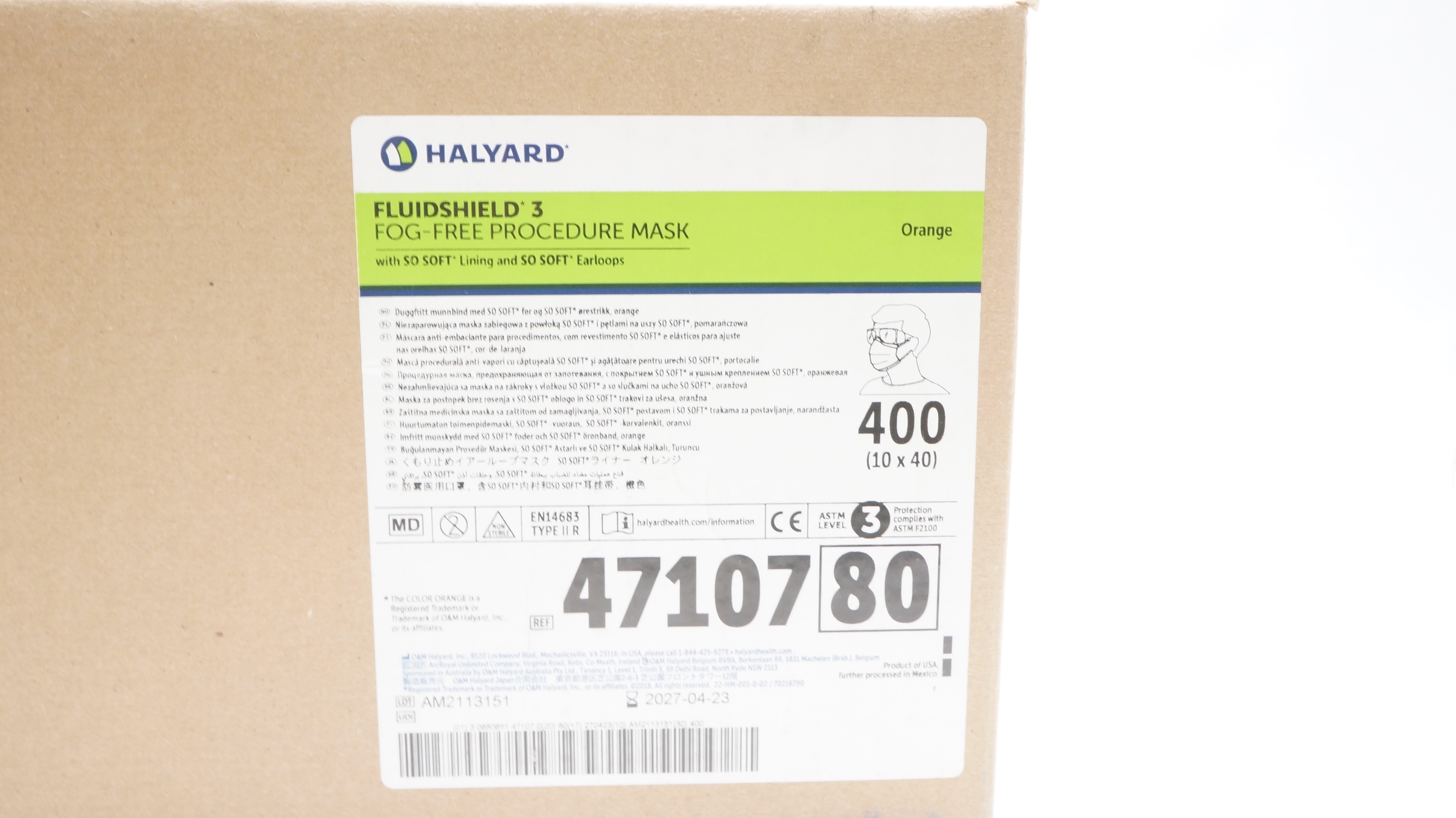 Halyard 47107 Fluidshield 3 Fog-Free Procedure Mask ASTM Level 3 - Case of 400