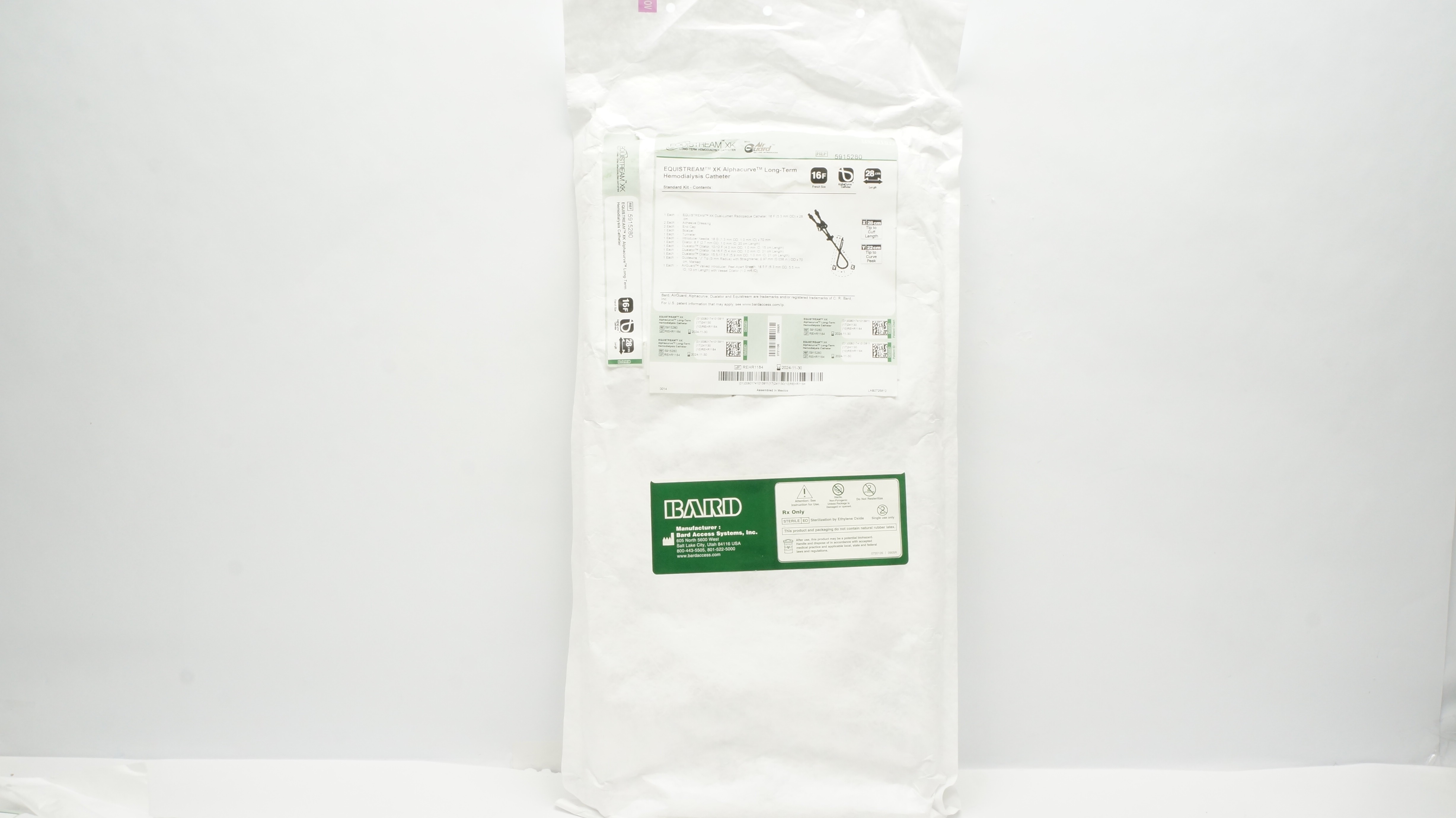 Bard 5915280 Equistream XK Alphacurve Long-Term Hemodialysis Cath.16F x 28cm (x)
