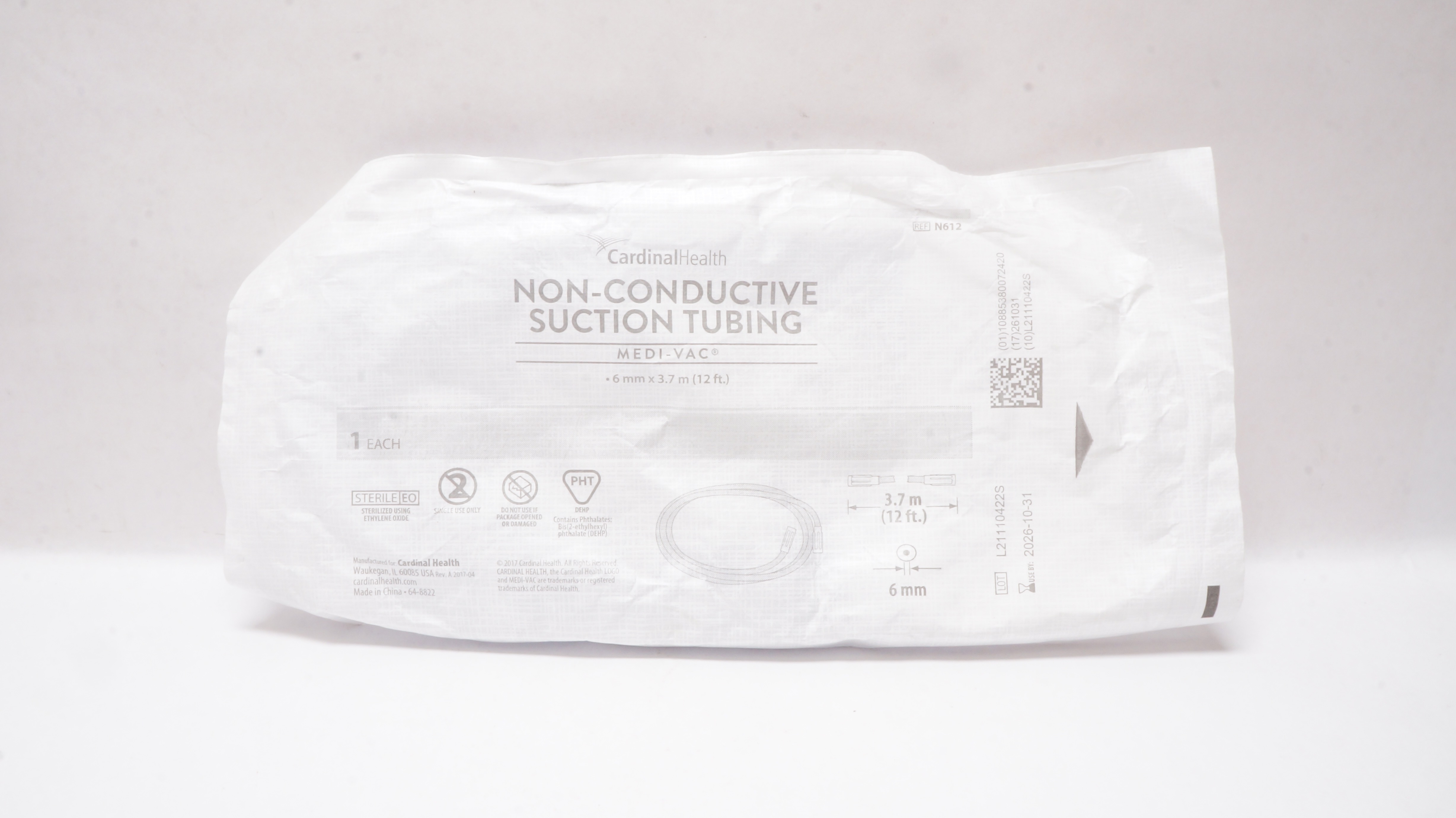 Cardinal Health N612 Medi-Vac Non-Conductive Suction Tubing 6mm x 12ft.