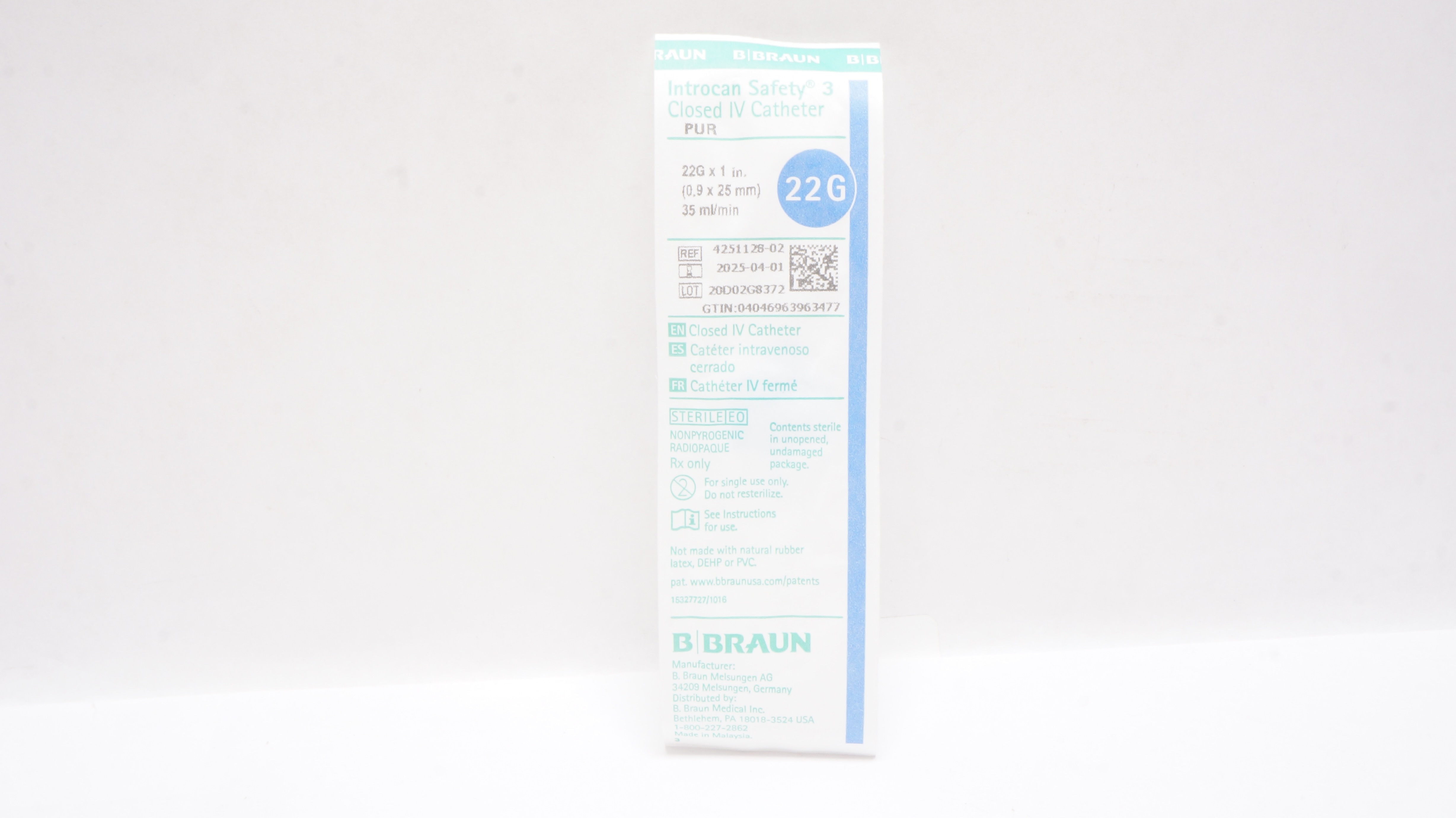 B.Braun 4251128-02 Introcan Safety 3 Closed IV Cath. 22G x 1inch x 35ml/min