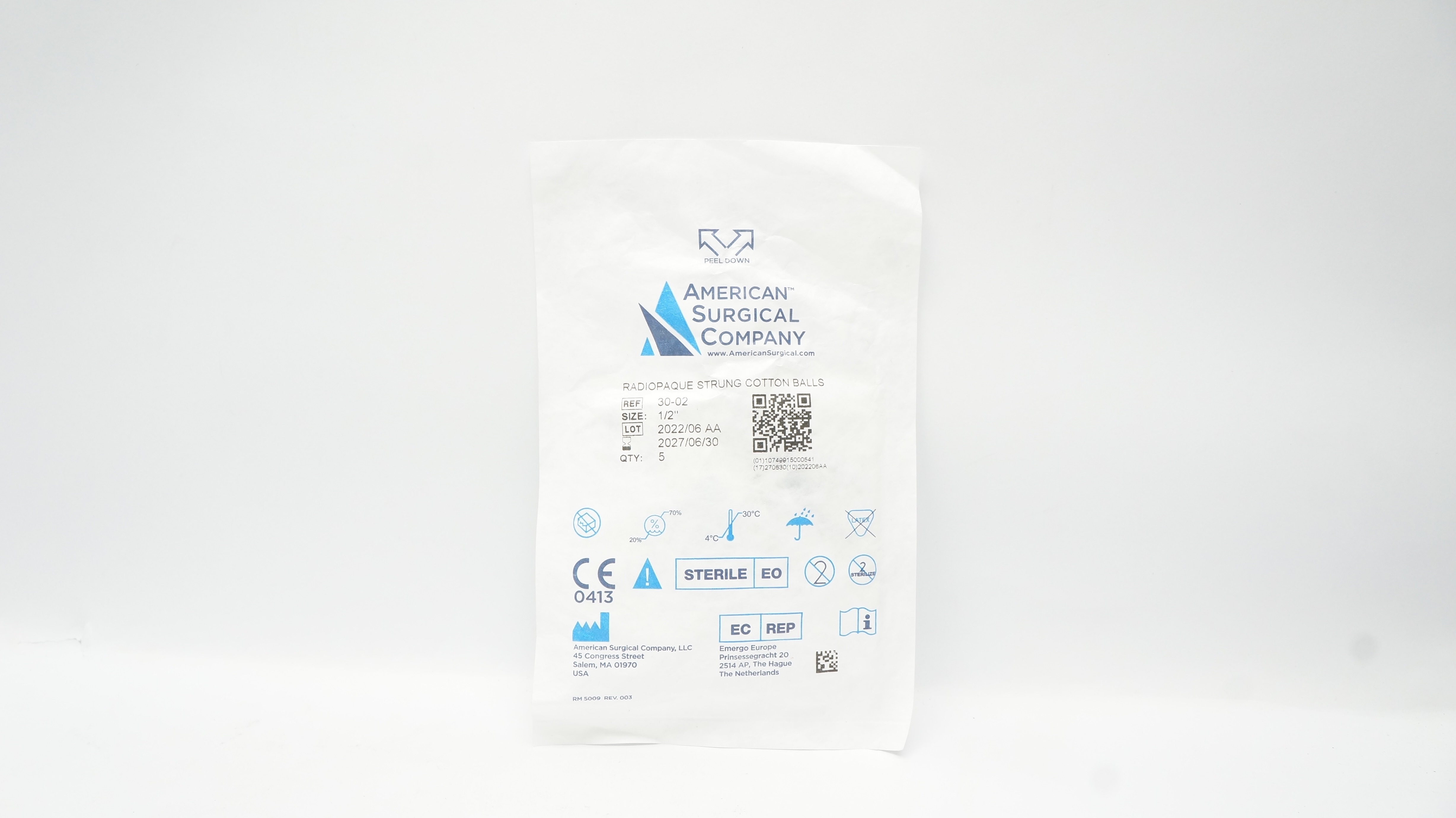 American Surgical Company 30-02 Radiopaque Strung Cotton Balls 1/2 in - Pack of 5