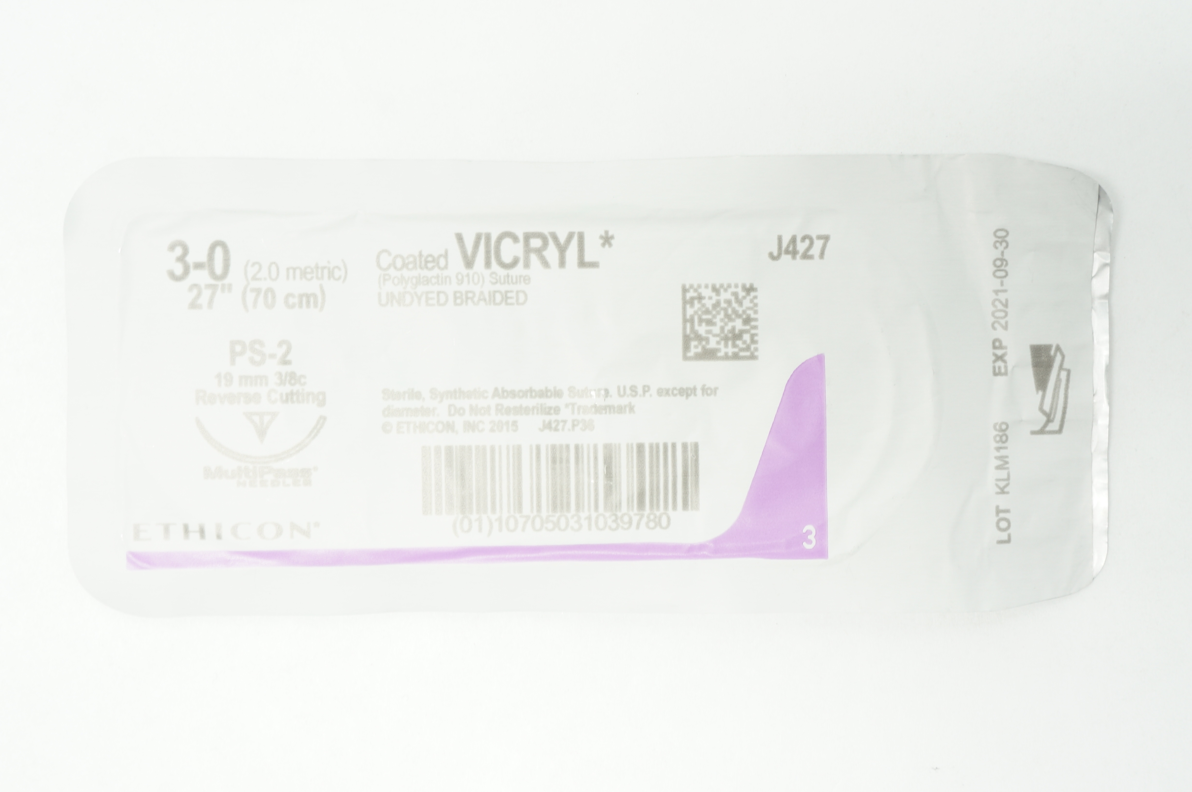 Ethicon J427 3-0 VICRYL PS-2, 19mm 3/8c Reverse Cutting, 27 inch