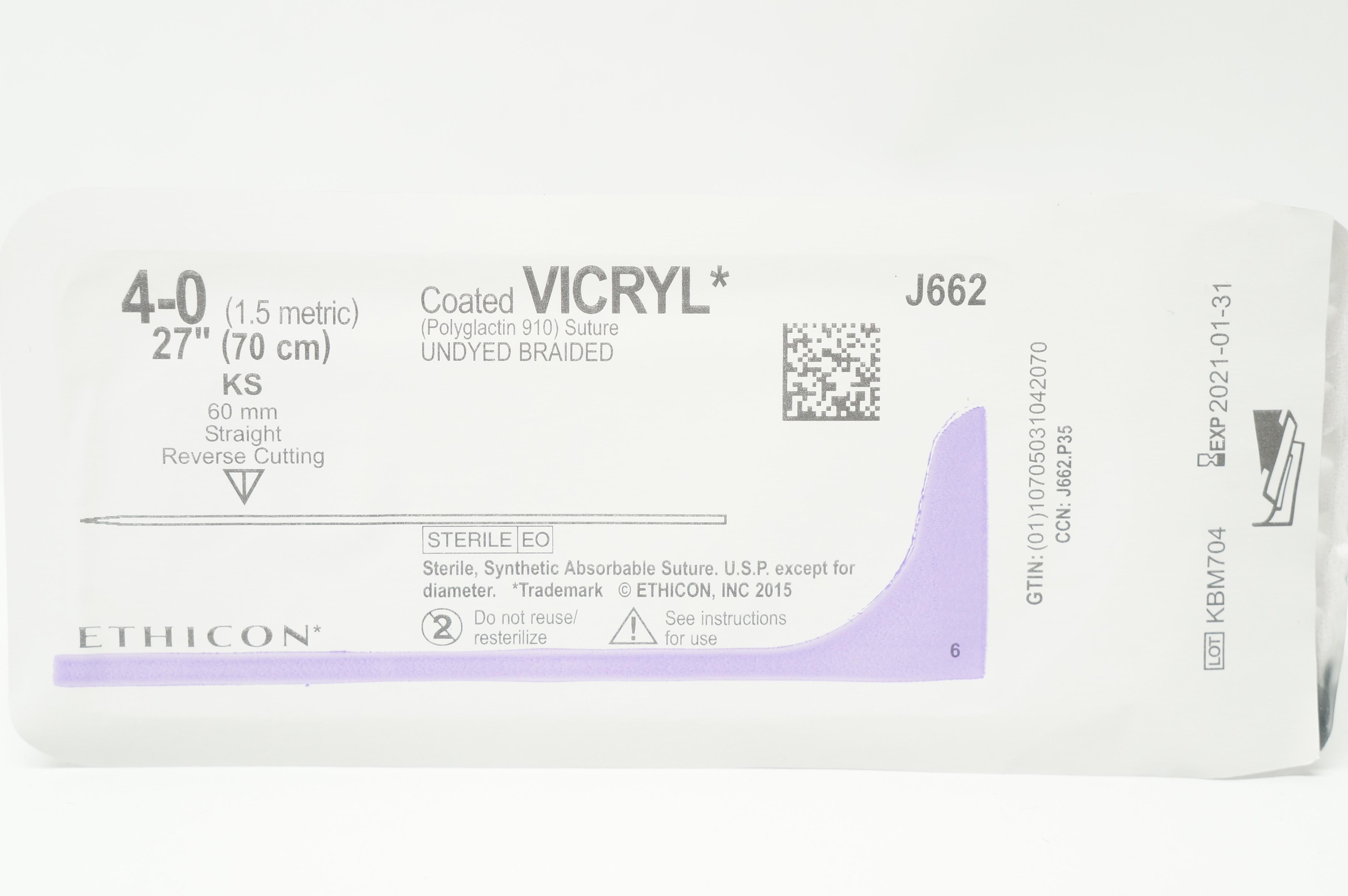 Ethicon J662 4-0 Coated VICRYL Stre KS 60mm Straight Reverse Cutting, 27inch (x)