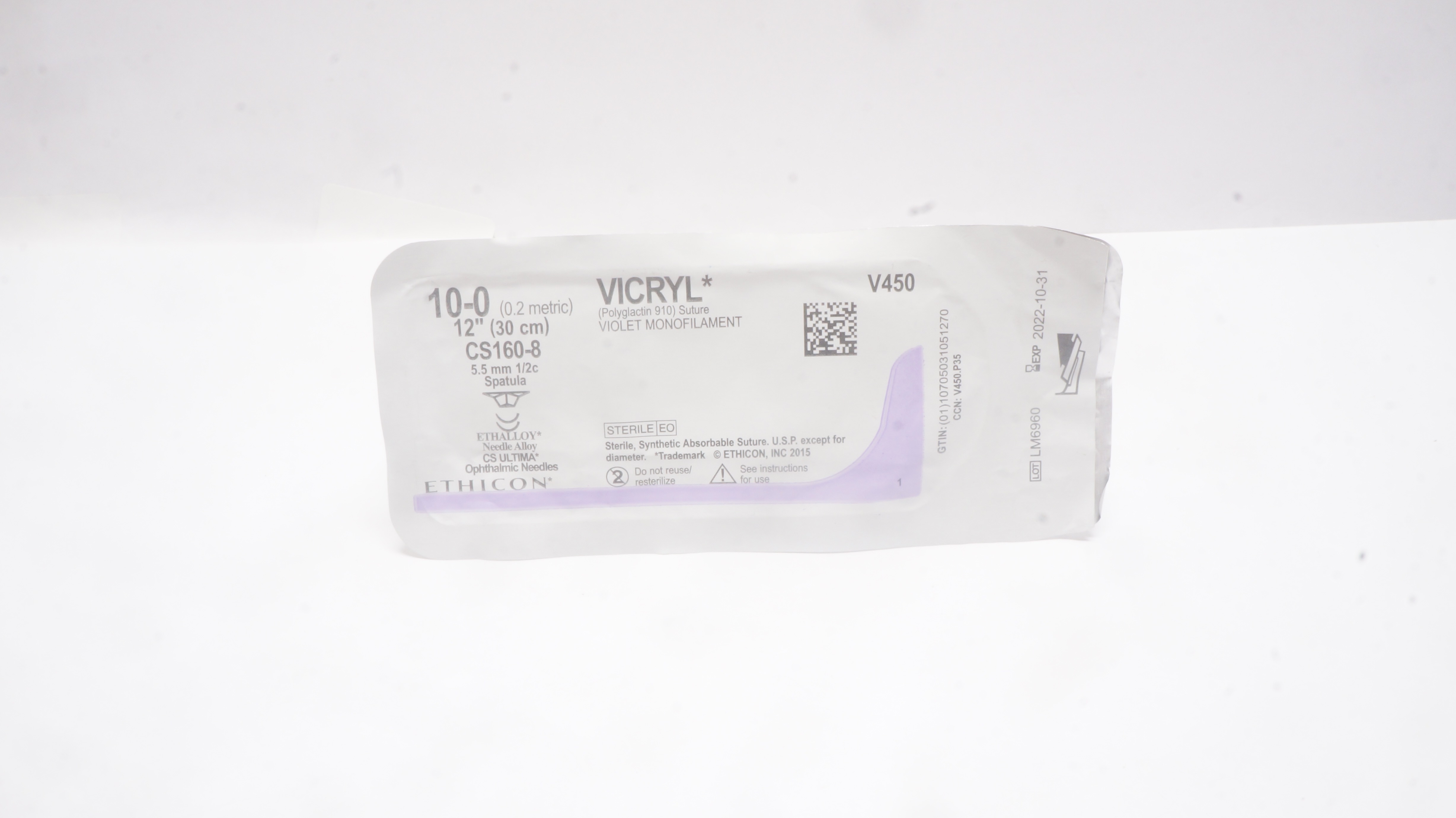 Ethicon V450 10-0 VICRYL, CS160-8, 5.5mm 1/2c Spatula, 12inch (x)