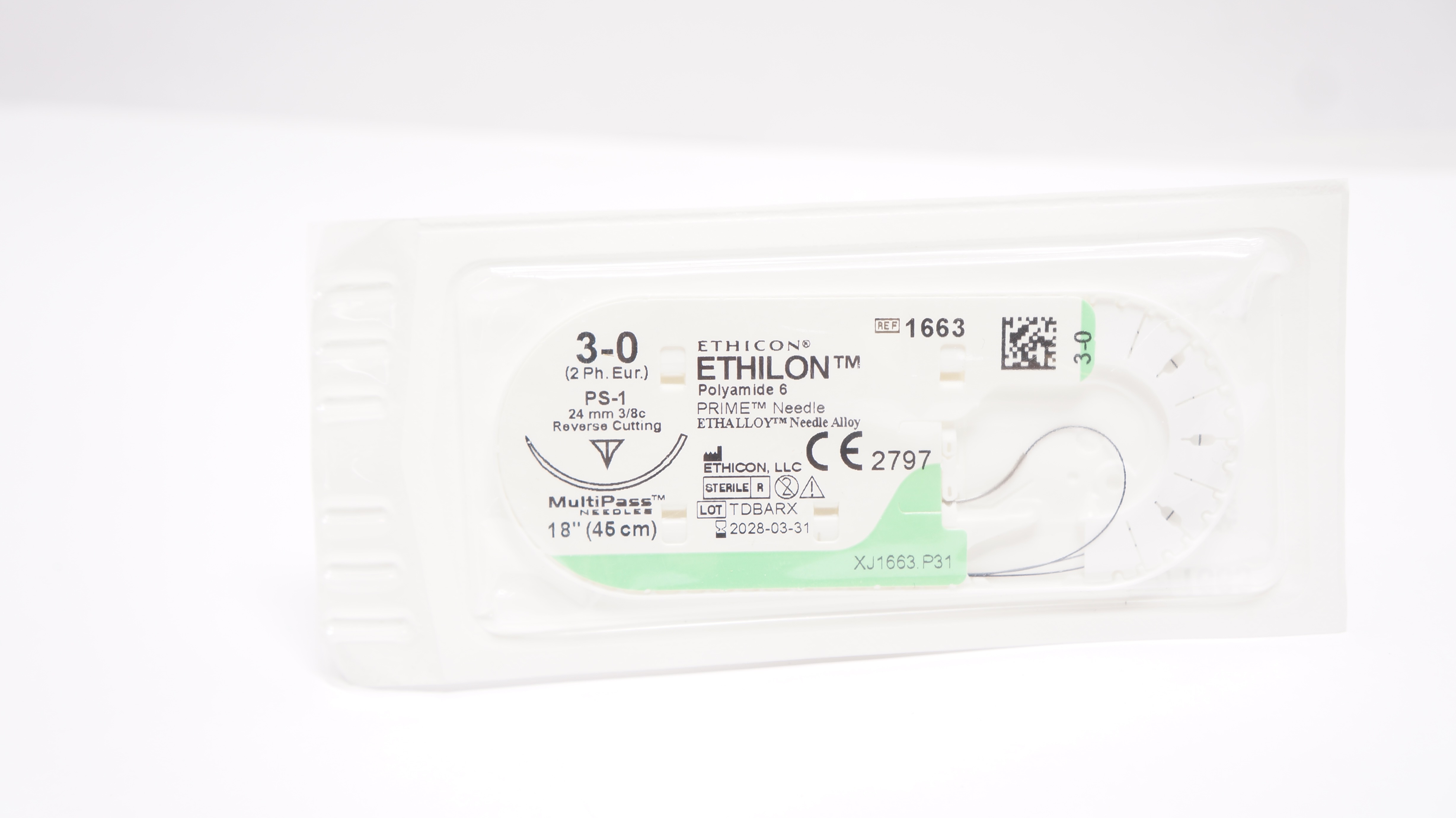 Ethicon 1663 3-0 ETHILON, PS-1, 24mm 3/8c Reverse Cutting, 18inch