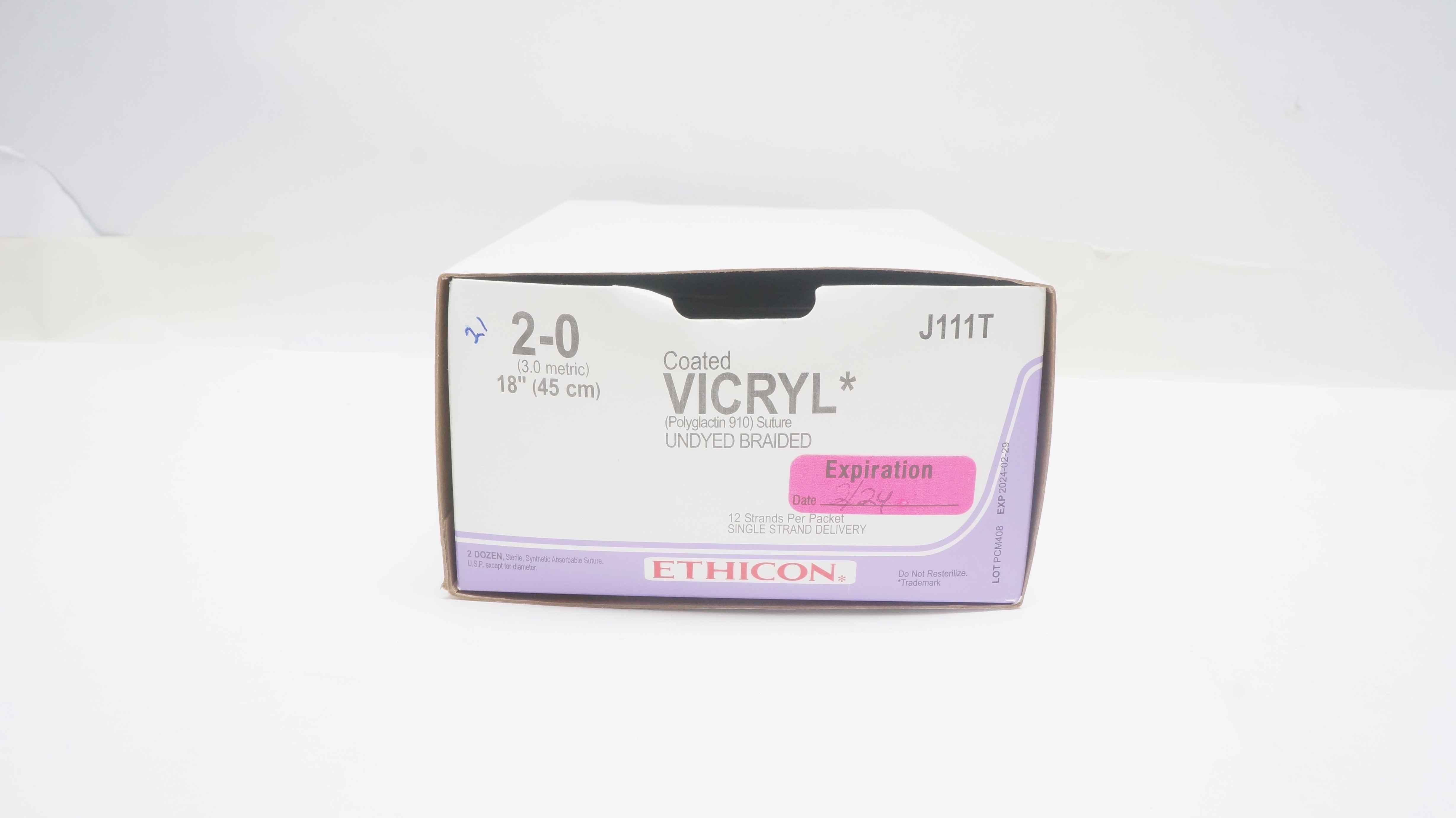 Ethicon J111T 2-0 VICRYL Polyglactin Stre Undyed Braided, 18inch (x) - Box of 19