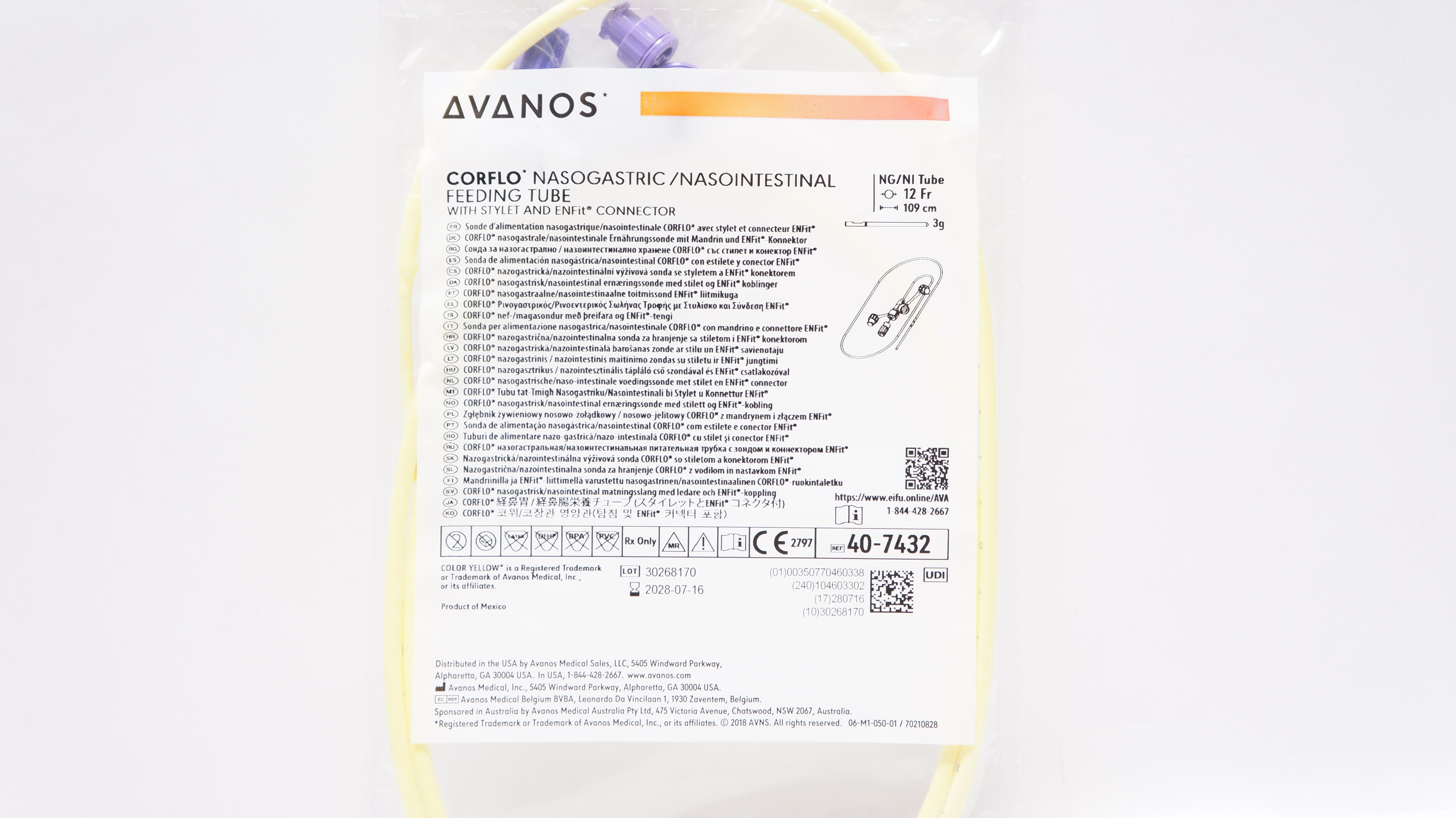 Corflow Riser Avanos 40-7432 Corflo Nasogastric/Nasointestinal Feeding Tube 12Fr x 109cm