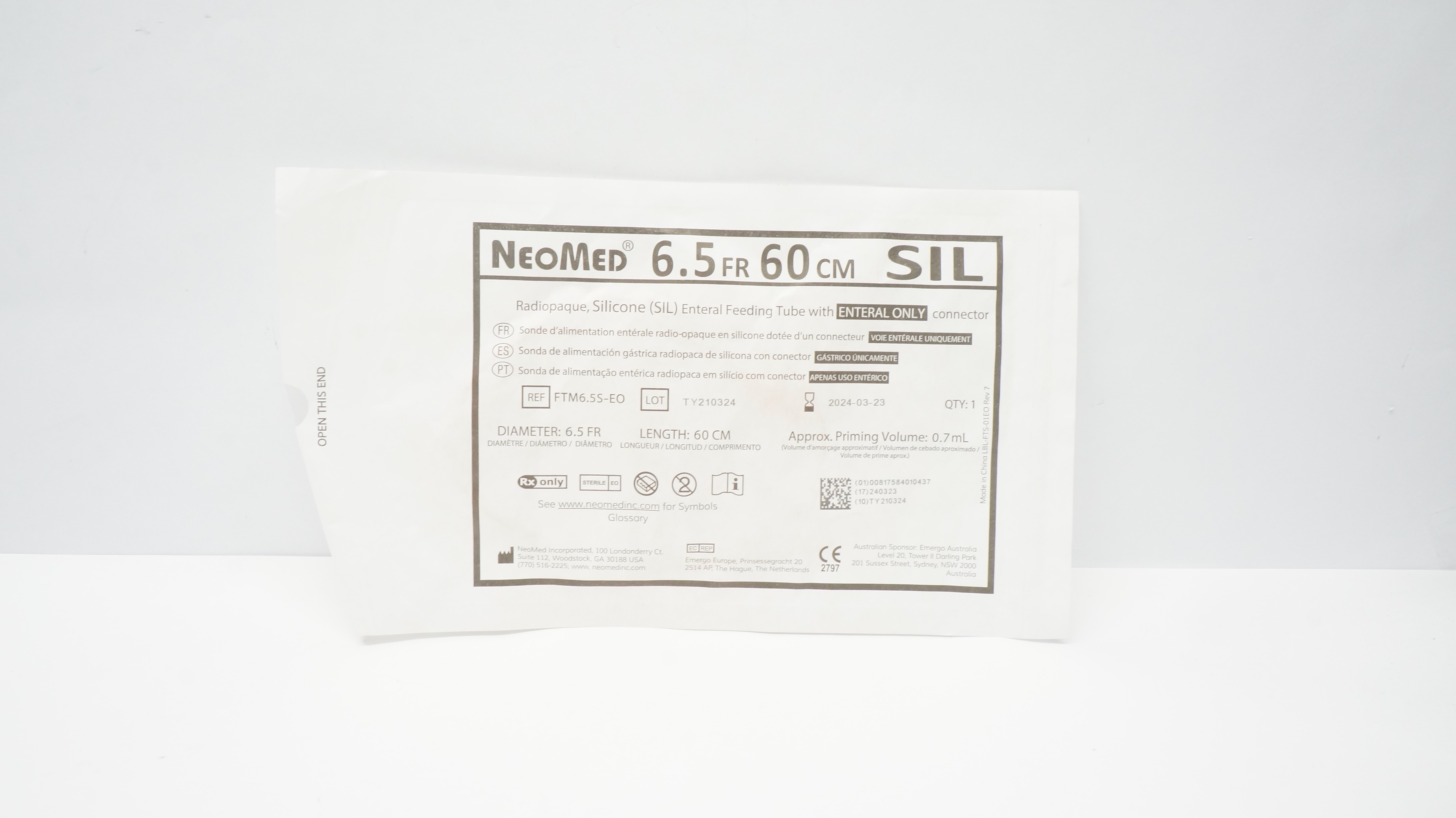 NeoMed FTM6.5S-EO Radiopaque SIL Enteral Feeding Tube 6.5.0Fr. x 60cm, 0.7mL (x)