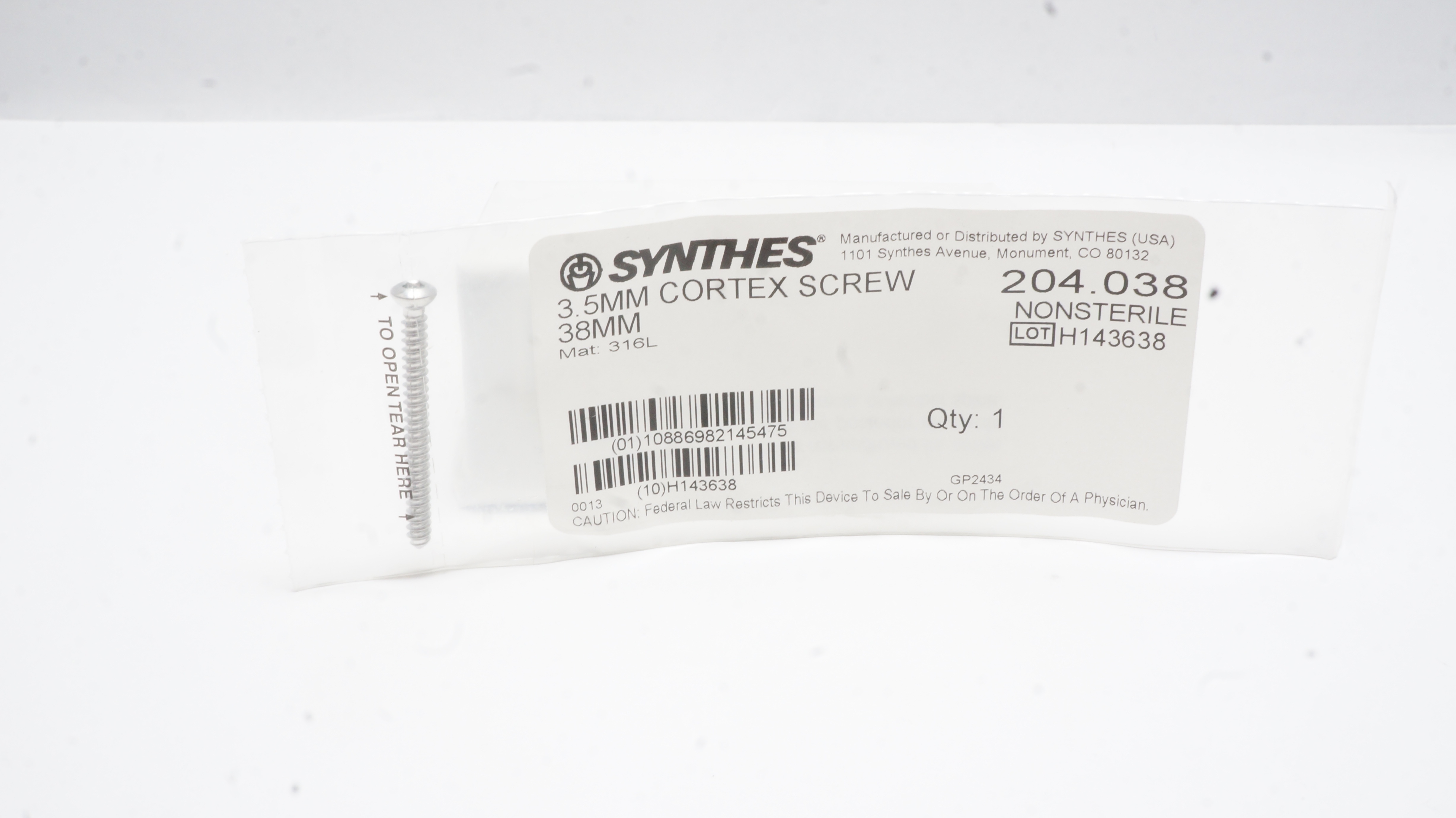 Synthes 204.038 3.5mm Cortex Screw 38mm
