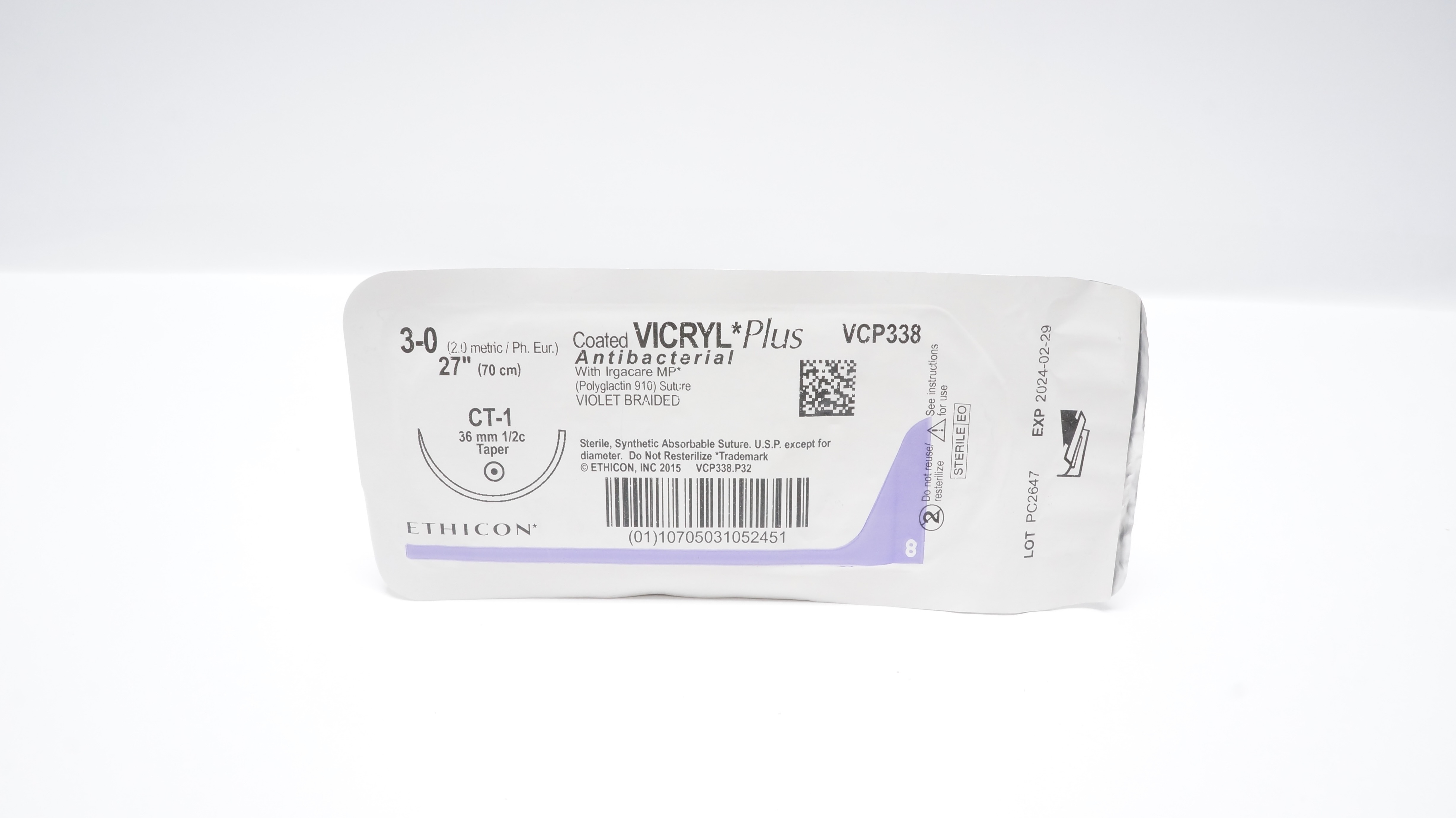 Ethicon VCP338 3-0 Vicryl Violet Braided Stre CT-1 36mm 1/2c Taper, 27inch (x)