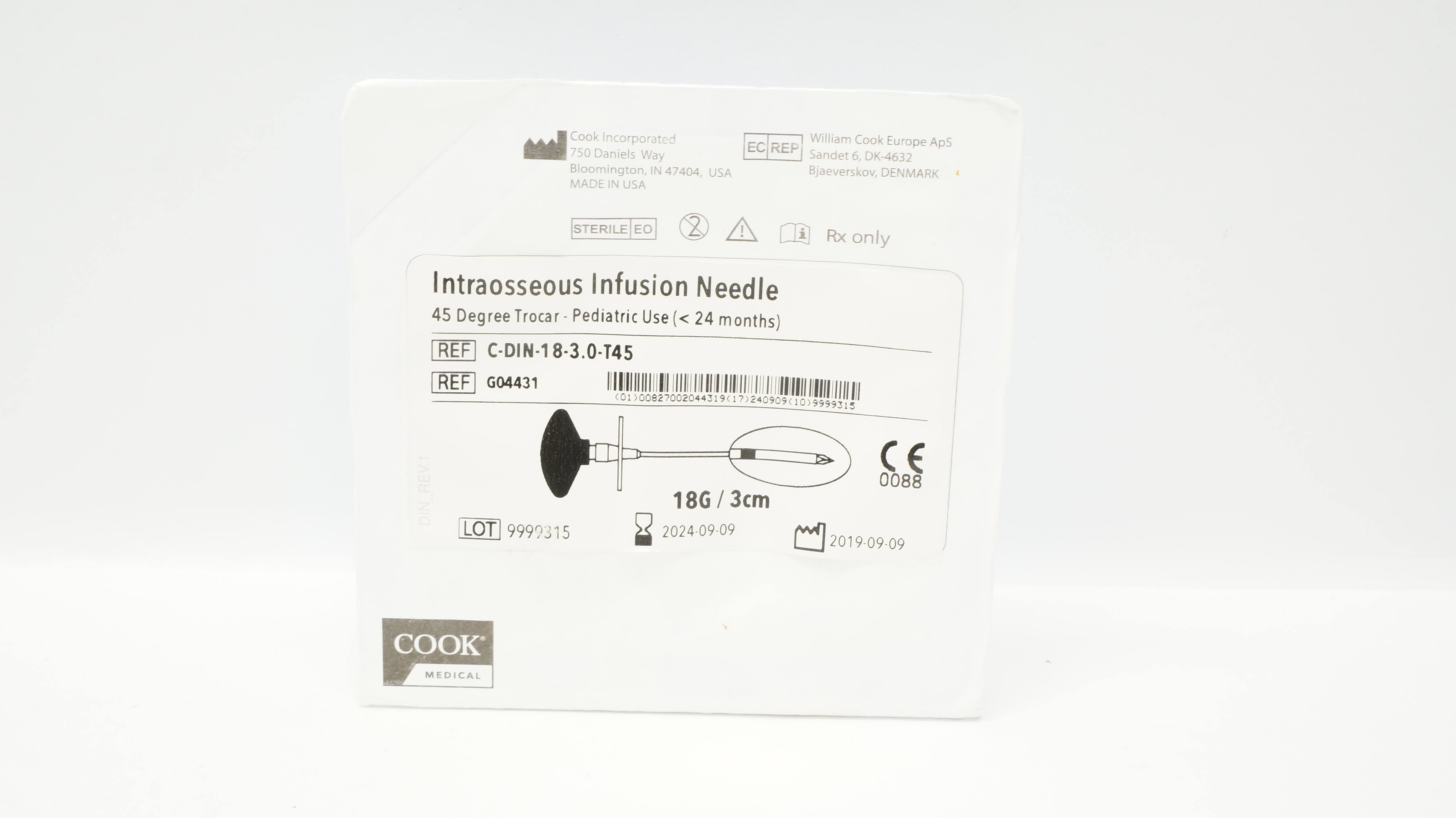 Cook Medical G04431 Intraosseous Infusion Needle 45° Tracer, 18G/3cm (x)