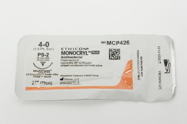 Ethicon MCP426 4-0 MONOCRYL Plus Stre PS-2 19mm 3/8c Reverse Cutting, 27inch