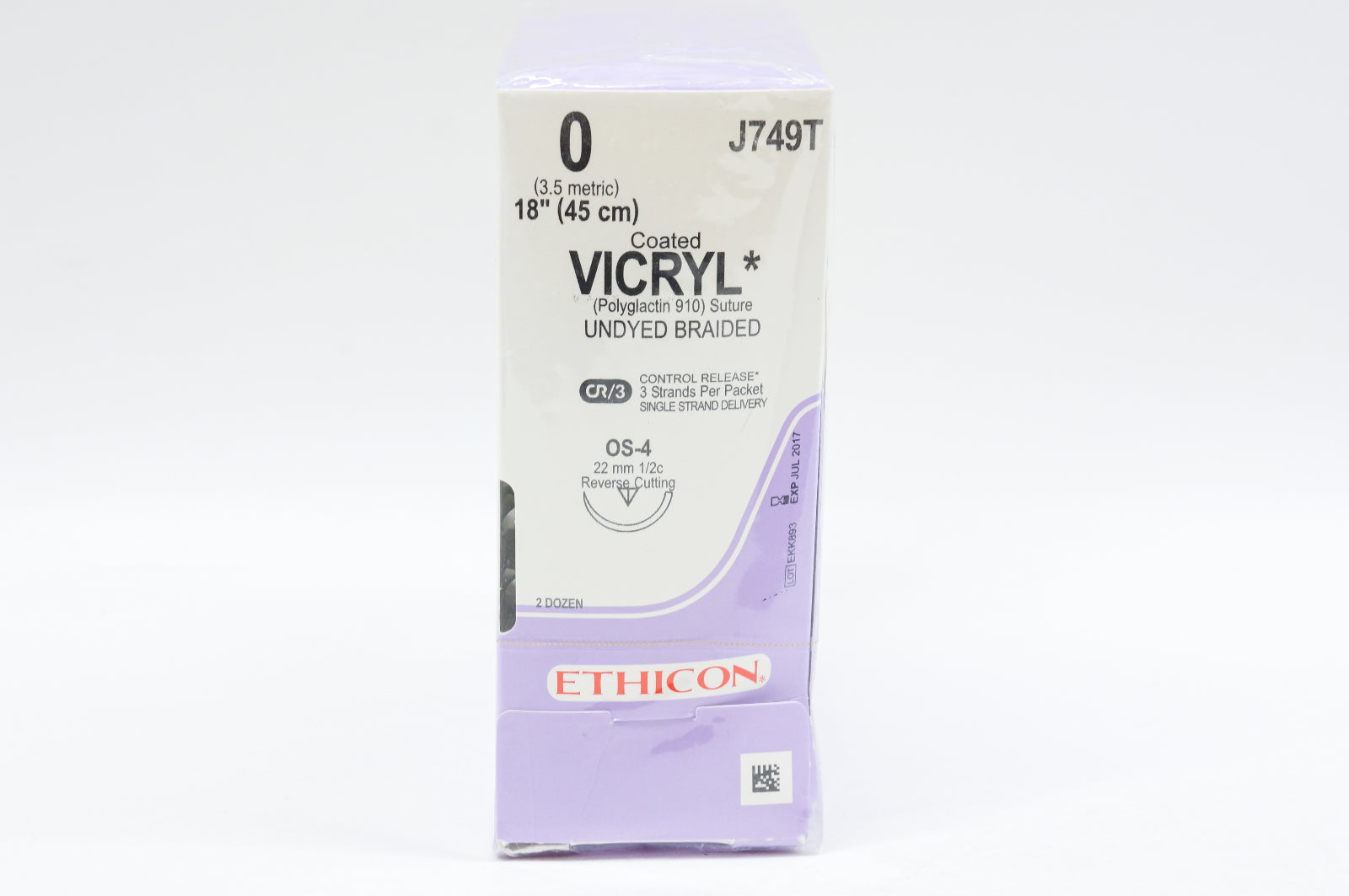 Ethicon J749T 0 VICRY, OS-2, 22mm 1/2c, Reverse Cutting, 18inch (x) - Box of 24