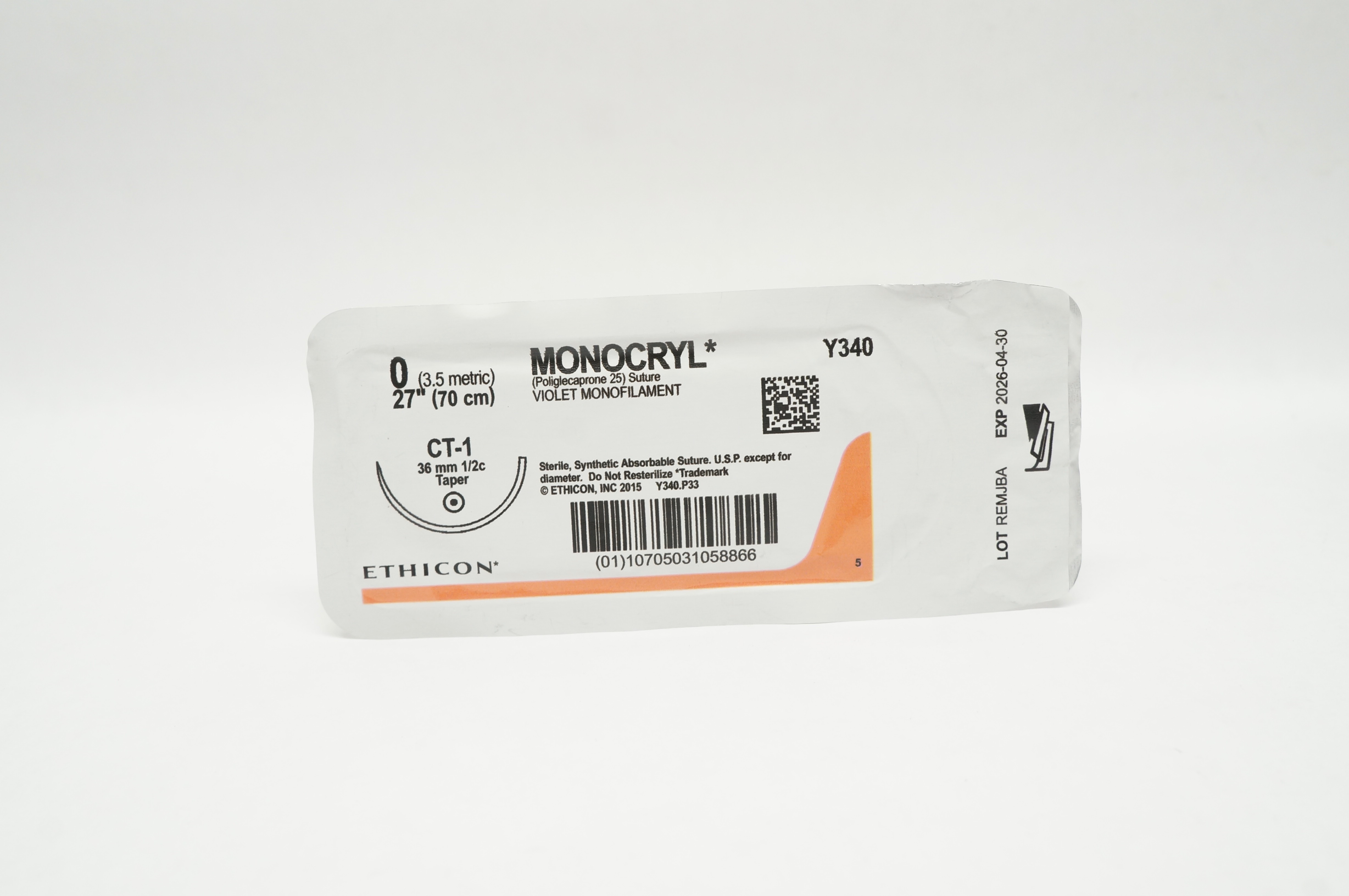 Ethicon Y340 0 MONOCRYL Violet Monofilament Stre CT-1 36mm 1/2c Taper, 27inch
