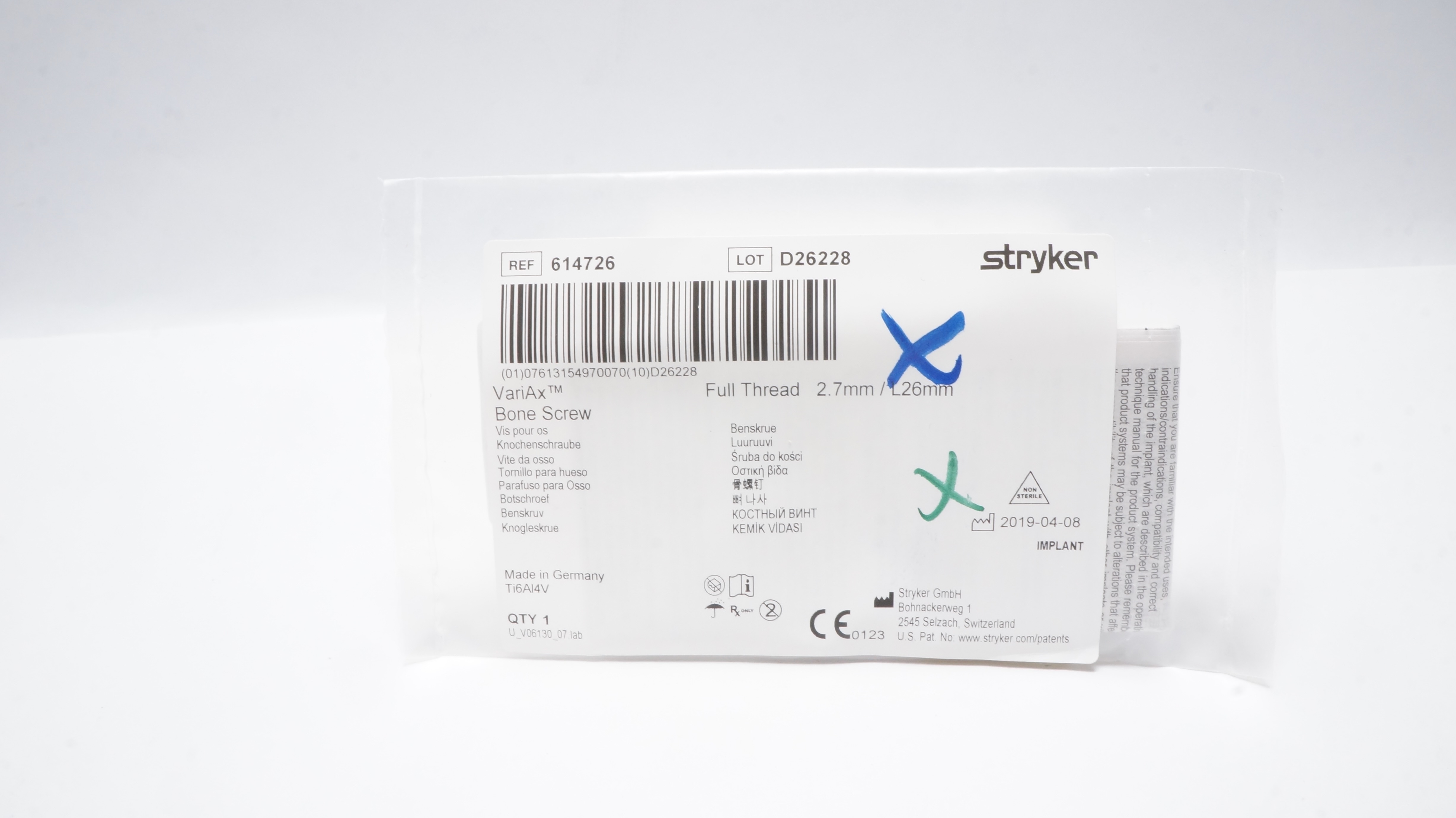 Stryker 614726 VariAx Bone Screw Full Thread 2.7mm/ L26mm