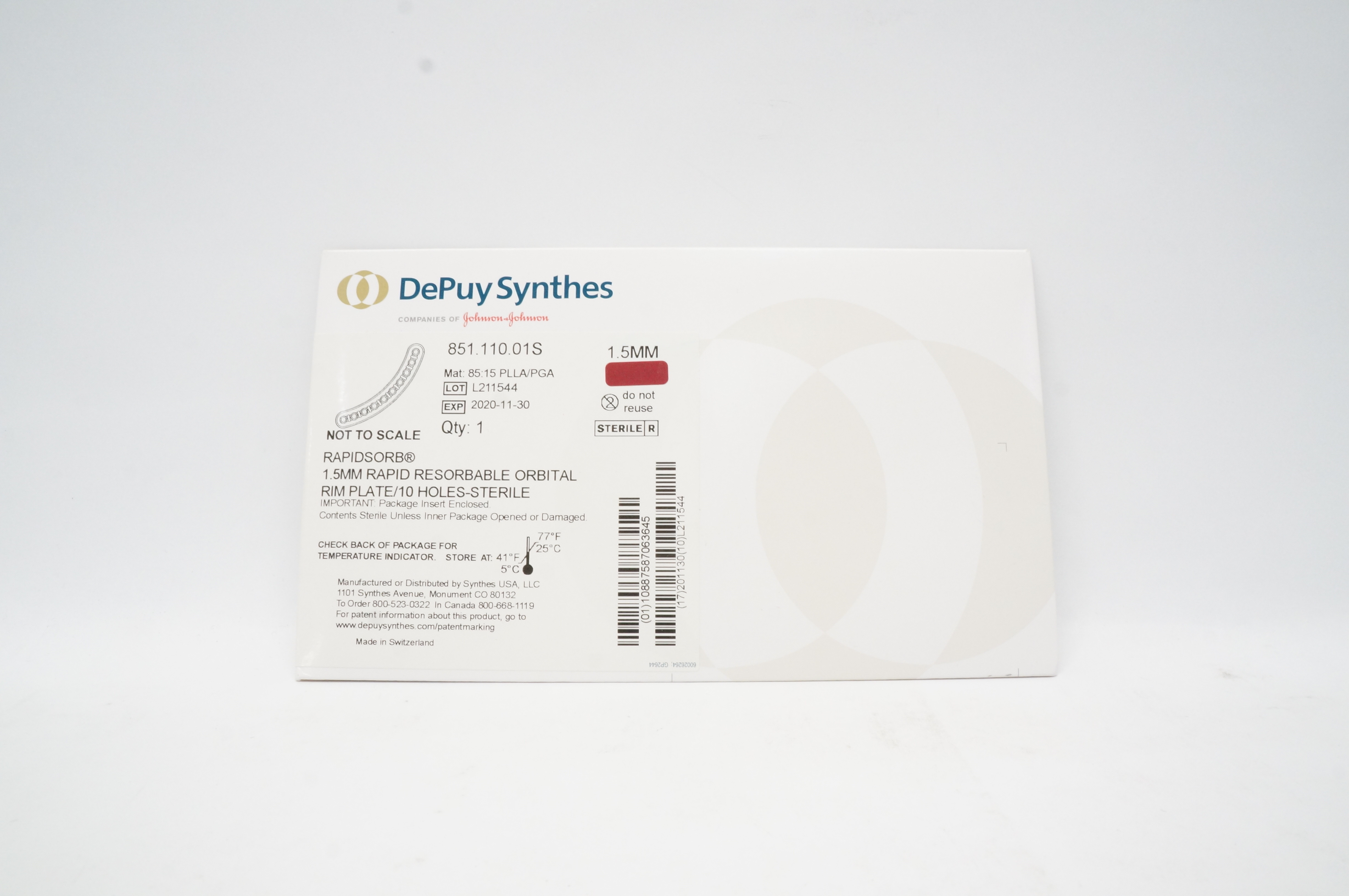 DePuy Synthes 851.110.01S 1.5mm Rapis Resorbable Orbital Rim Plate/10