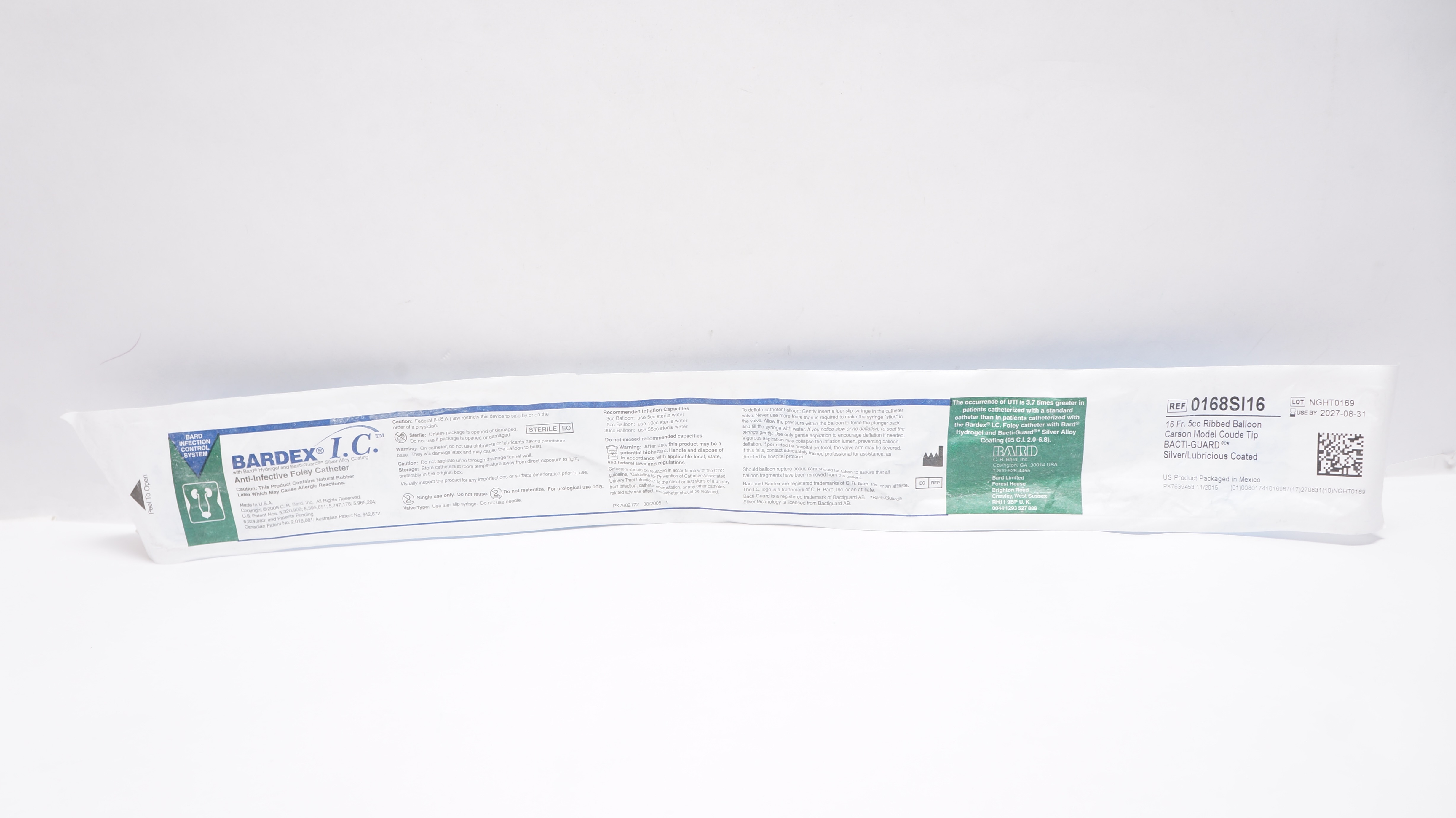 Bard 0168SI16 Bardex I.C. Anti-Infective Foley Cath. 16Fr 5cc Ribbed Balloon