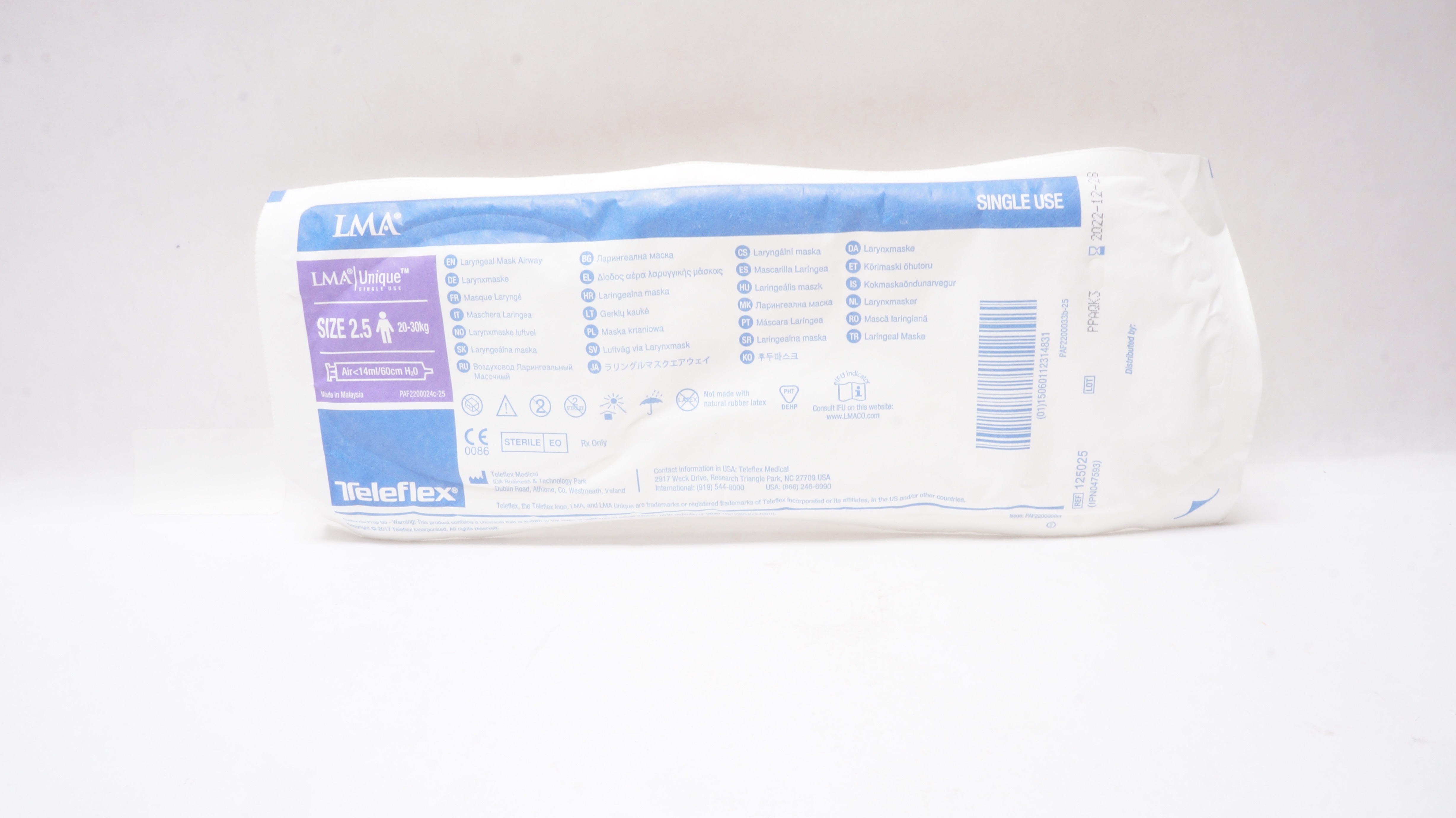 Teleflex 125025 LMA Unique Laryngeal Mask Airway,  2.5 20-30kg Air<14 mL/60cm(x)