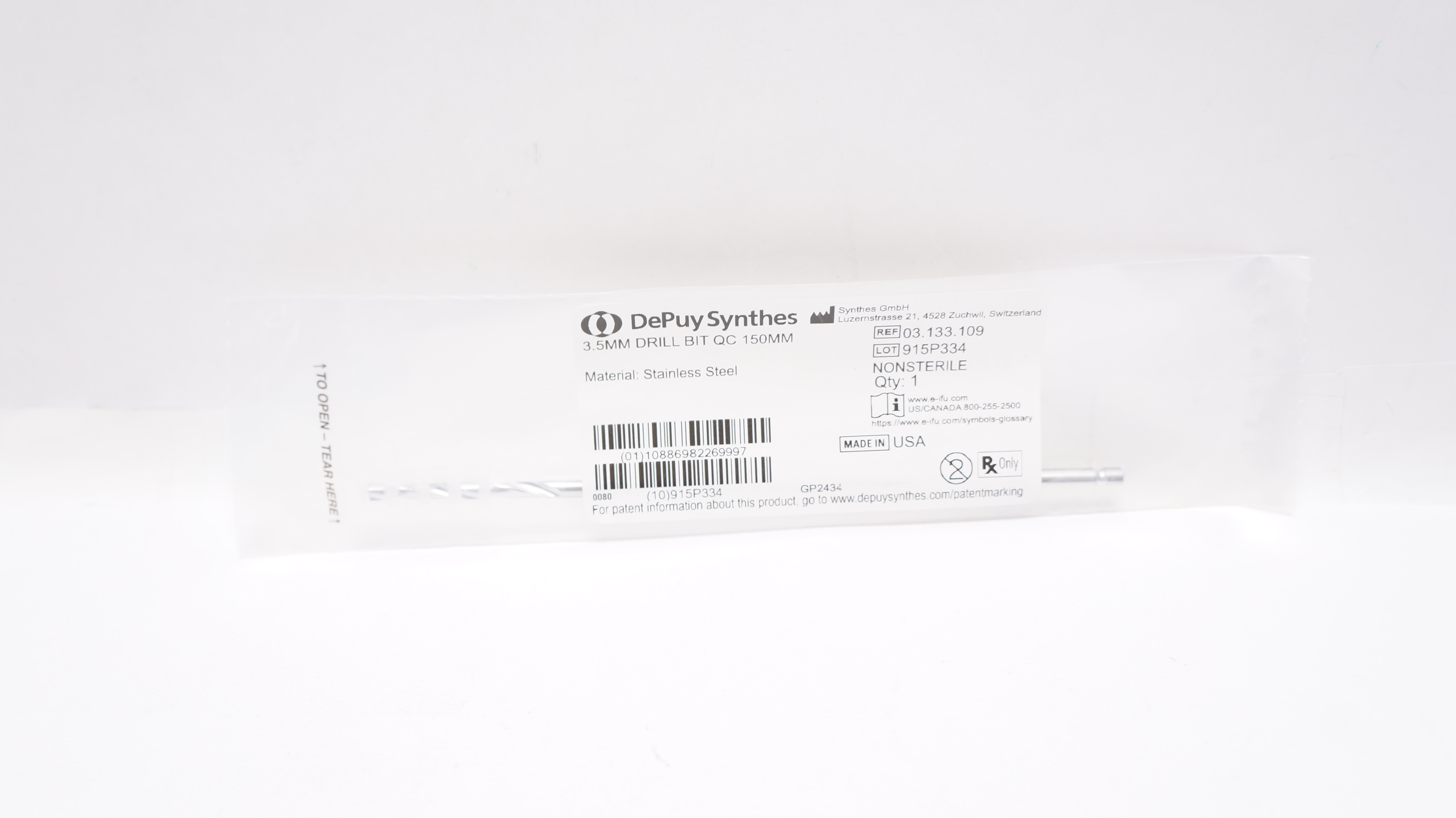 DePuy Synthes 03.133.109 Stainless Steel 3.5mm Drill Bit QC 150mm