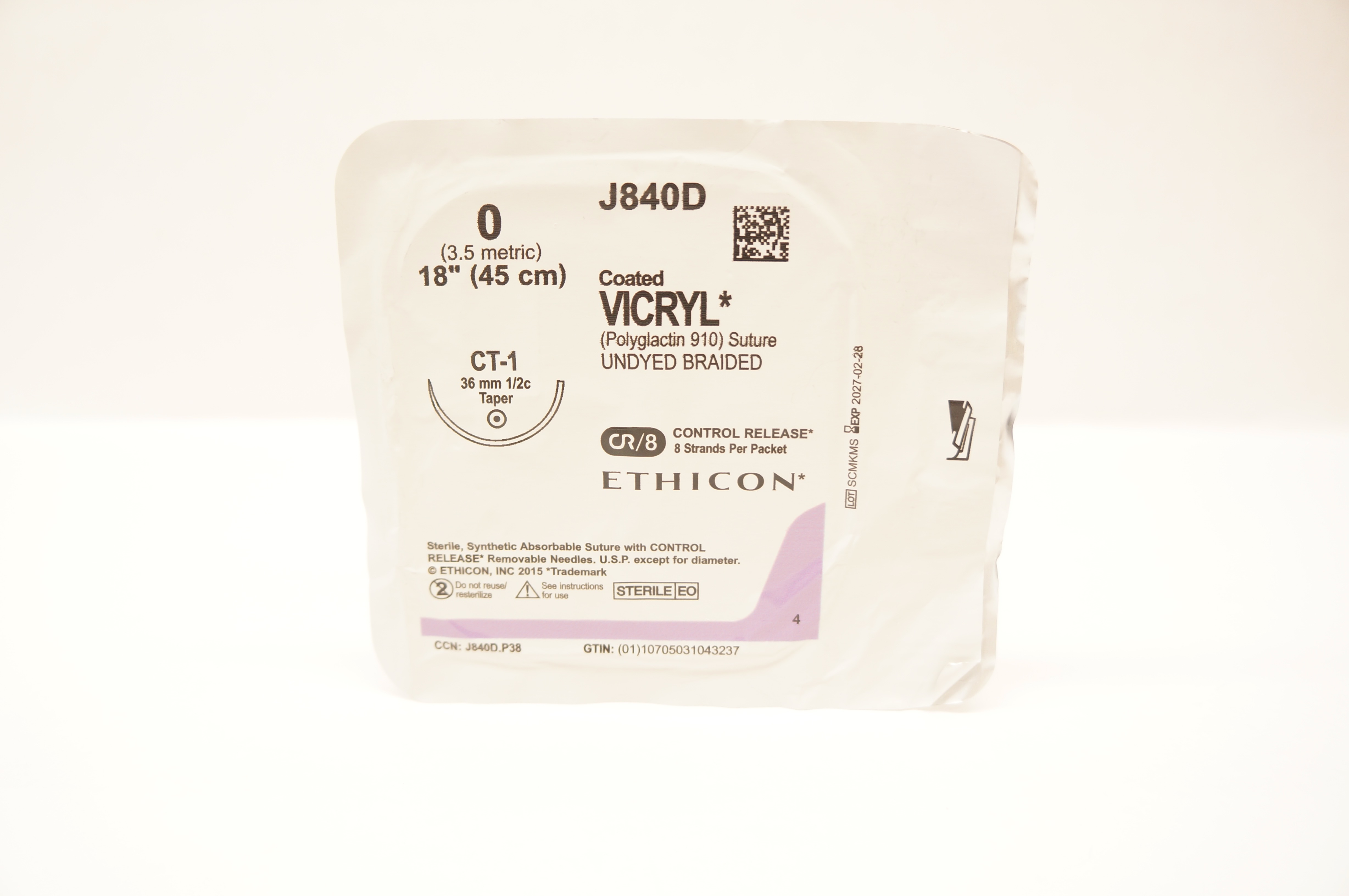 Ethicon J840D 0 Coated VICRYL Polyglactin Stre CT-1 36mm 1/2c Taper 18inch