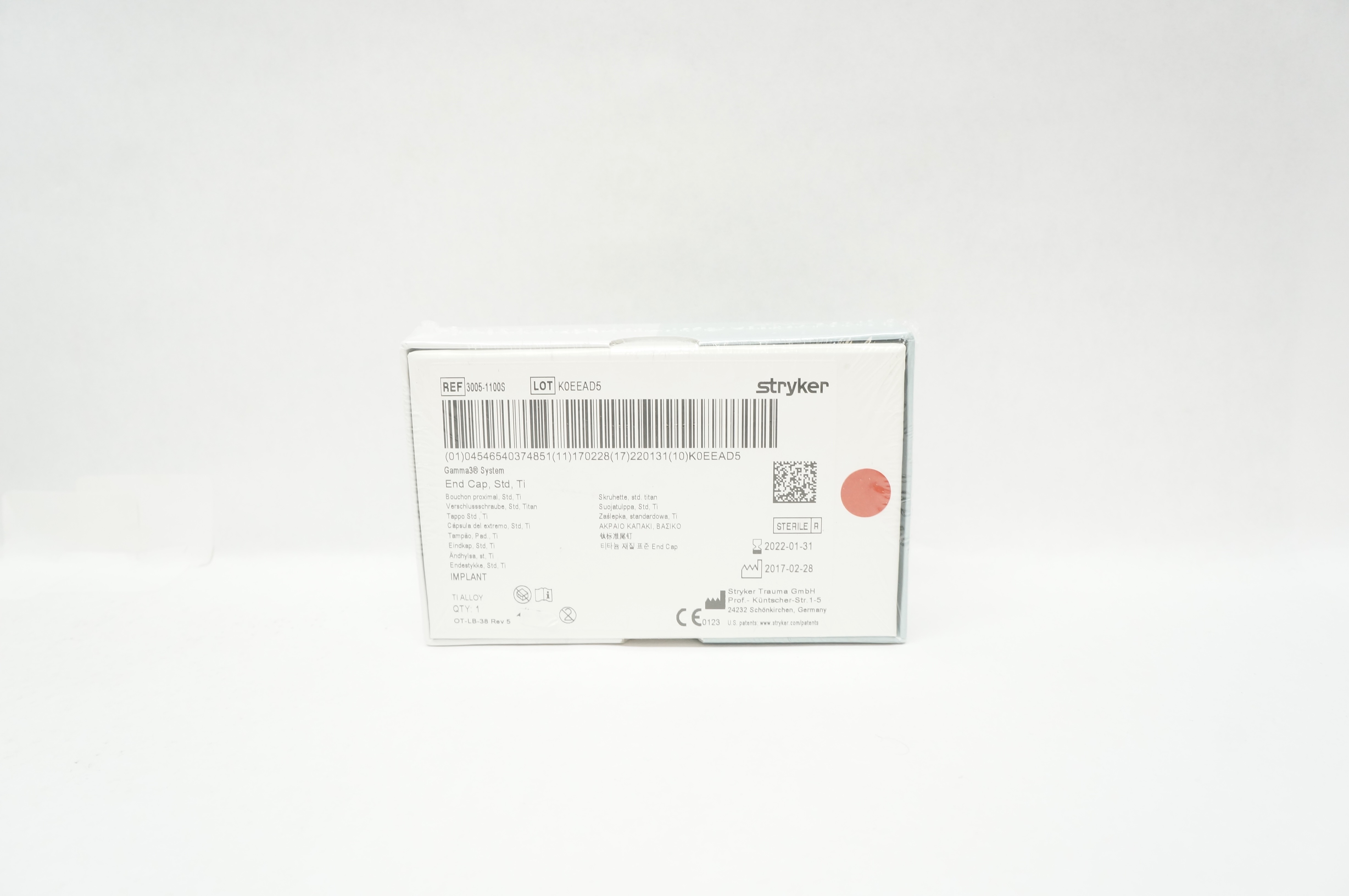 Stryker 3005-1100S Gamma 3 System Ti Alloy End Cap, Std, Ti (x)
