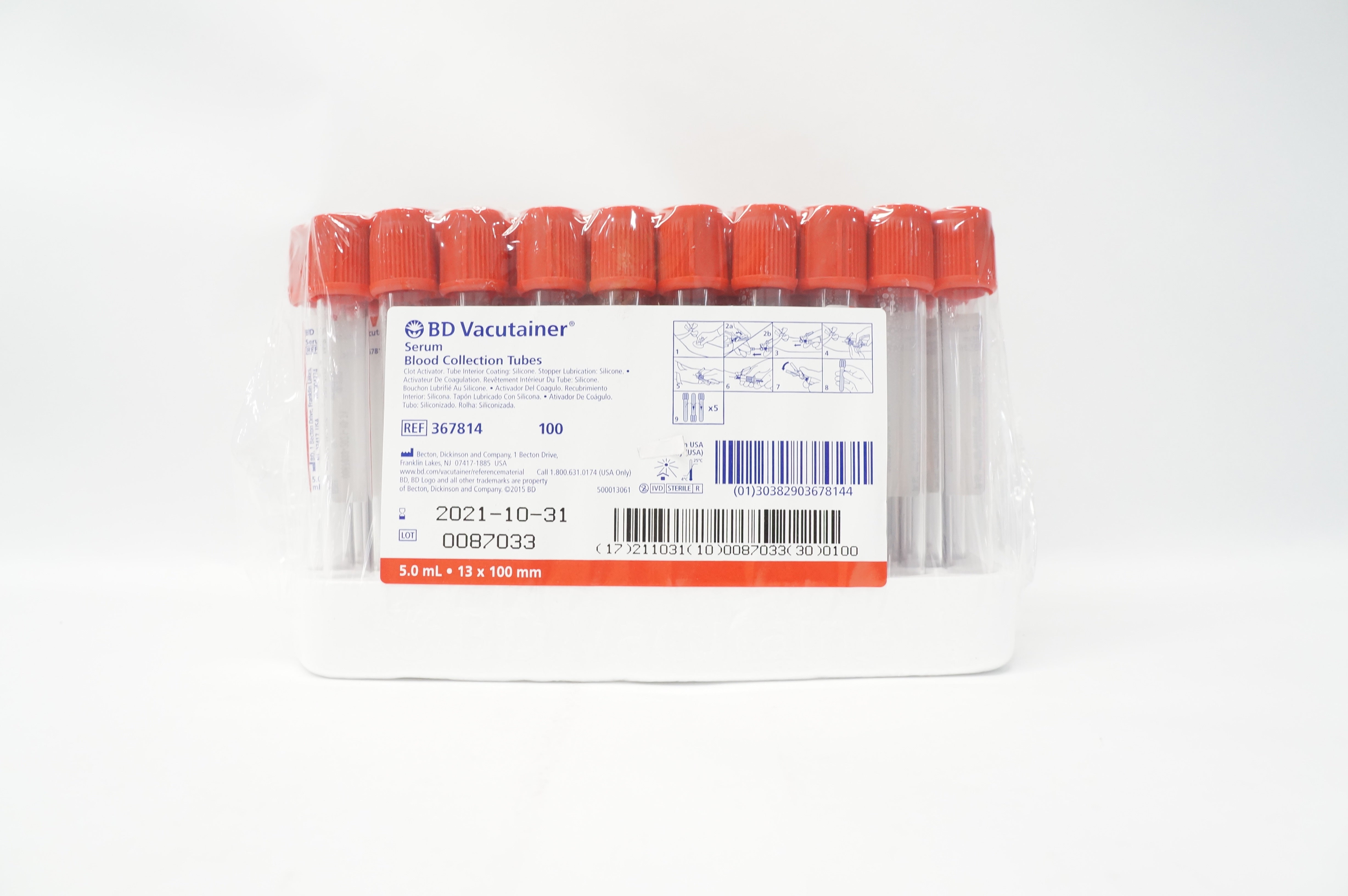 BD 367814 Vacutainer Blood Collection Tubes 5.0mL x 13 x 100 mm - Box of 100