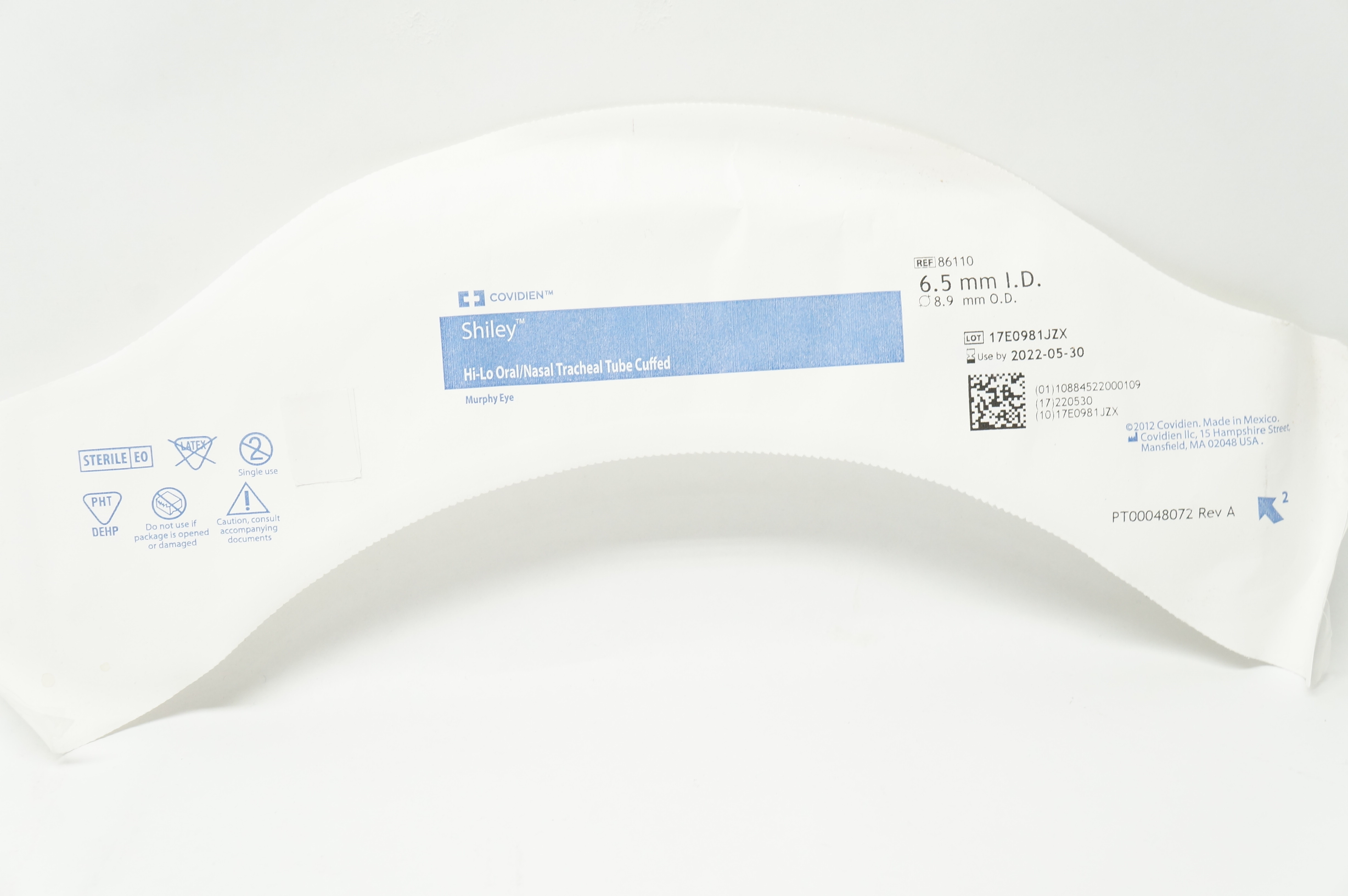 Covidien 86110 Shiley Hi-Lo Oral/Nasal Tracheal Tube Cuffed 6.5mm ID x 8.9mm OD