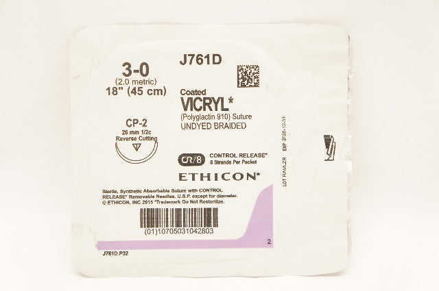 Ethicon J761D Coated Vicryl Stre CP-2 26mm 1/2c Reverse Cutting 3-0 18in.