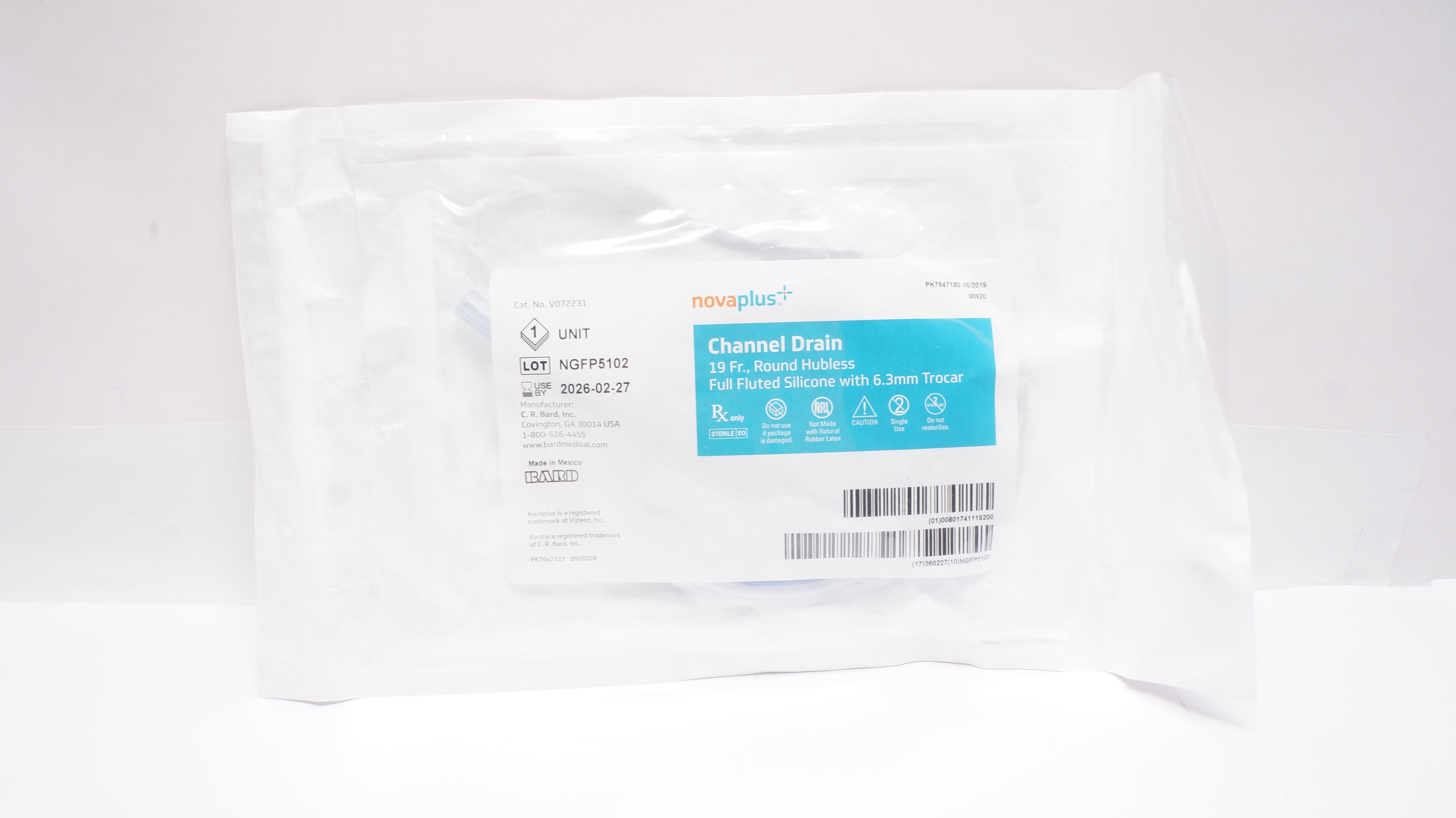 Bard V072231 Novaplus Channel Drain 19Fr., Round Hubless Full Fluted Silicone