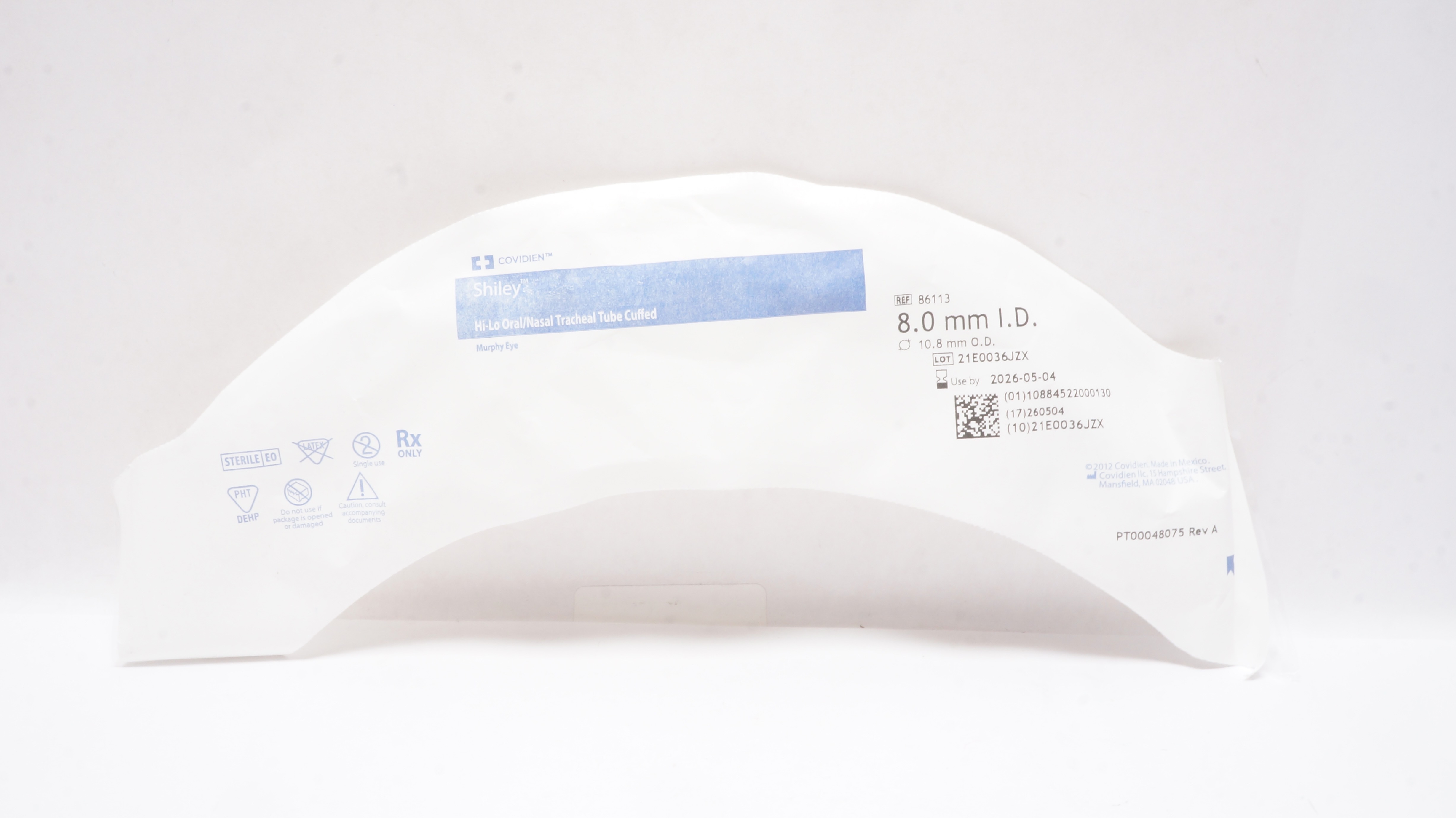 Covidien 86113 Shiley Hi-Lo Oral/Nasal Tracheal Tube Cuffed 8.0ID x 10.8mm OD